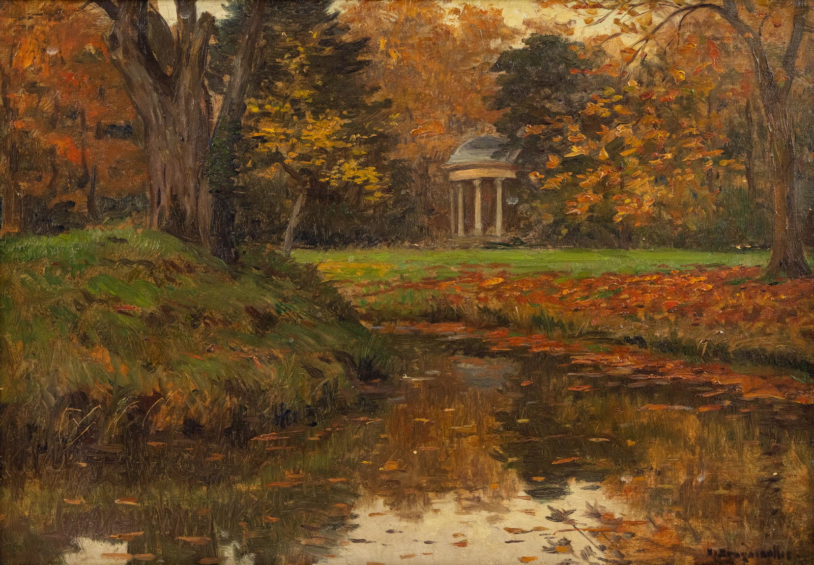 Victor Brugairolles 'Le Temple d'Apollon Painting: A Victor Brugairolles (French, 1869-1936) oil on board titled "Le Temple d'Apollon' or Temple of Apollo depicting a Greek style pavillion structure beside a creek with autumnal foliage. Label on verso