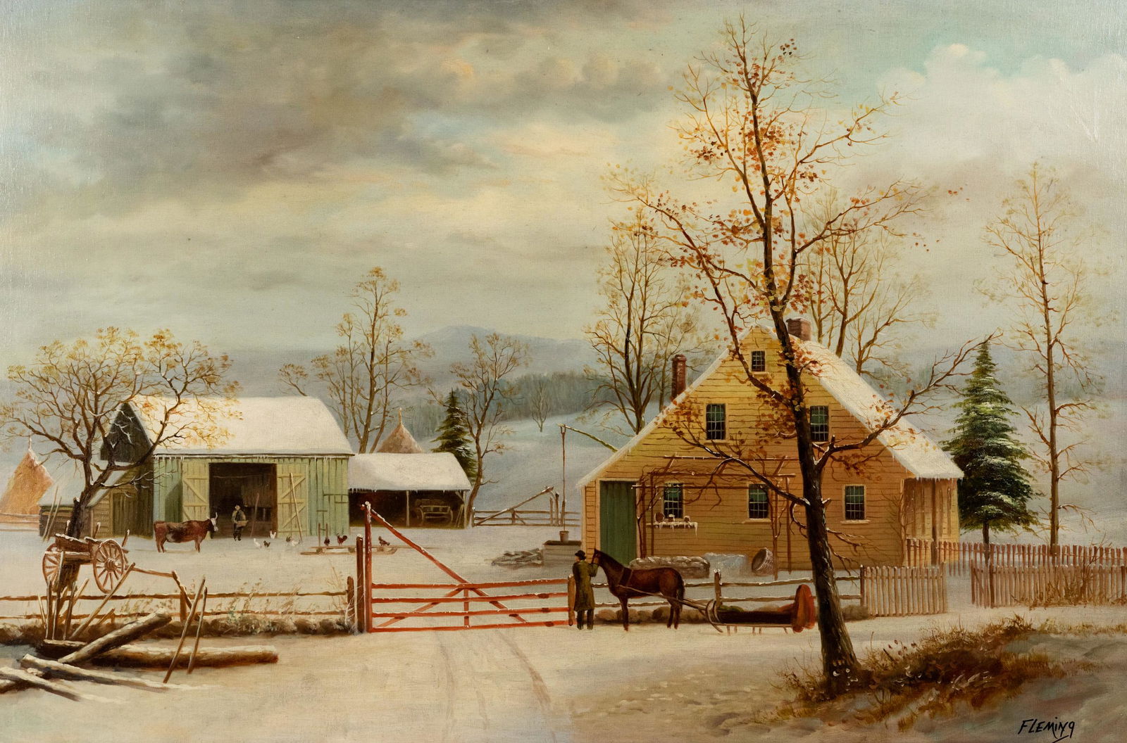 Winter Scene O/C After George Henry Durrie signed Fleming (1 of 13)