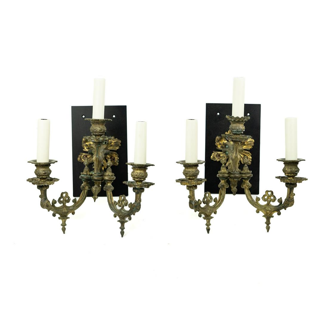 (2) Pair of French Brass Three Light Candelabra Sconces (1 of 18)