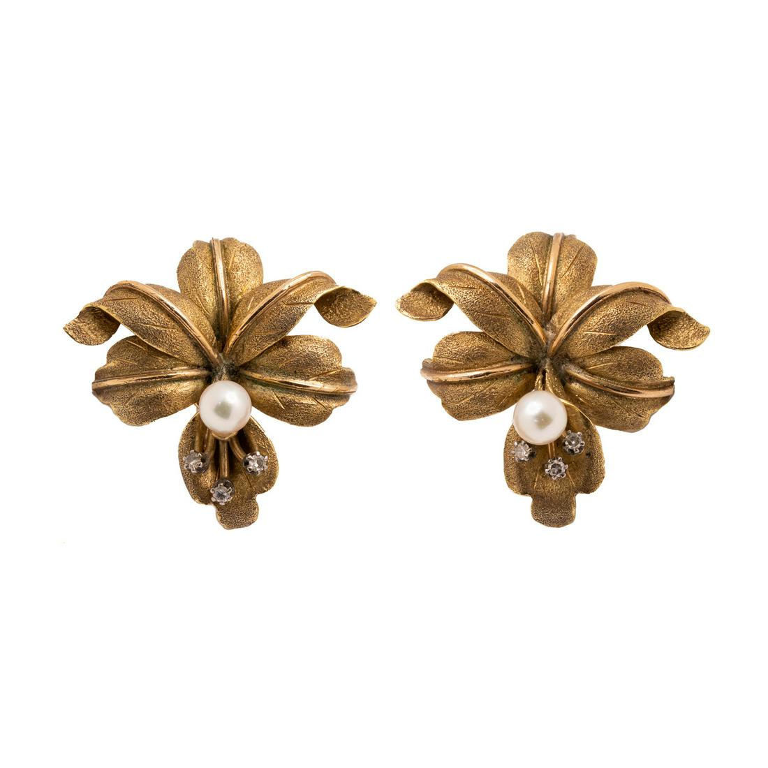 Pair of 18K Gold Floral Earrings with Pearls & Diamonds (1 of 5)