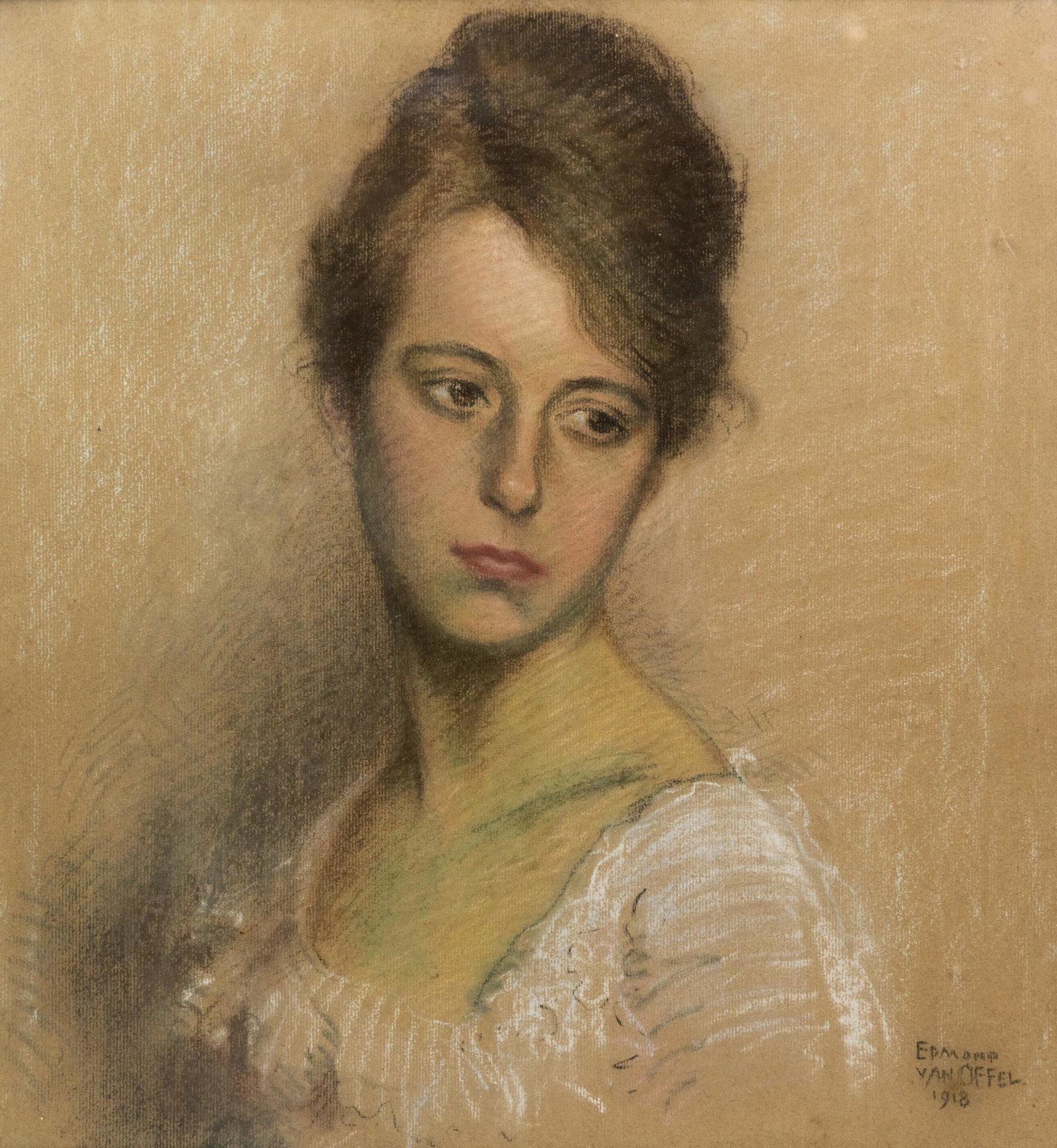 Edmond van Offel Portrait Pastel on Paper: An Edmond van Offel (Belgian, 1871-1959) portrait of a young woman. Signed lower right and dated 1918. Housed in original gesso wood frame behind glass. Marked on verso Van Offel.