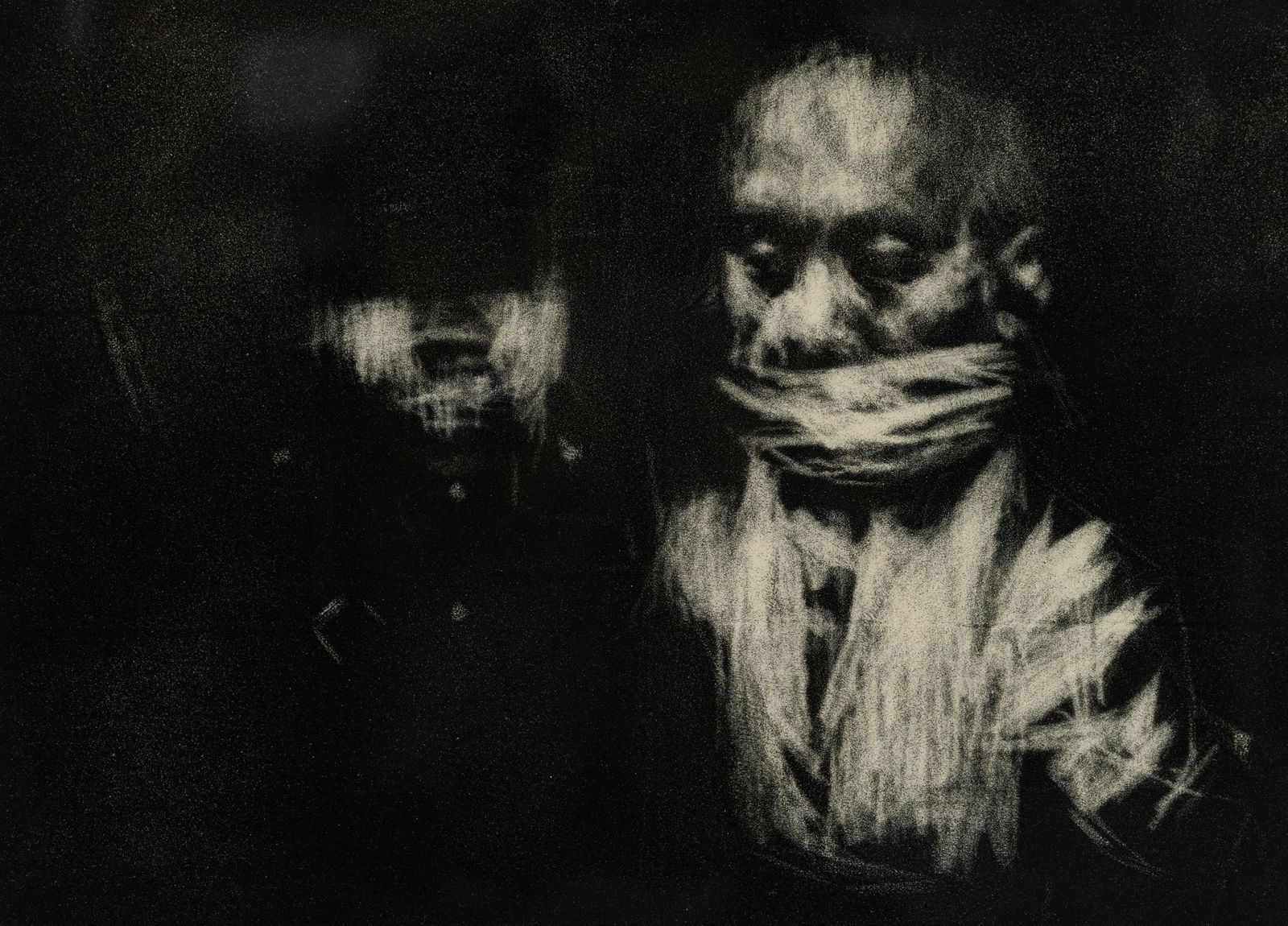 Jack Levine The Prisoner Lithograph Signed: A Jack Levine (American, 1915-2010) lithograph titled 'The Prisoner' depicting two obscured figures. Pencil signed and numbered 68/100. Presented matted and framed behind glass. Signed. Sight: 14" x