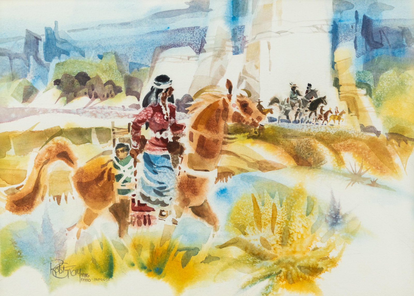 Rob Gray Papoose Signed Watercolor Painting: A Rob Gray signed watercolor on paper circa 1980 titled 'Papoose' depicting figures on horseback in a desert. Signed, dated, and titled lower left. Sight: 10" x 14"