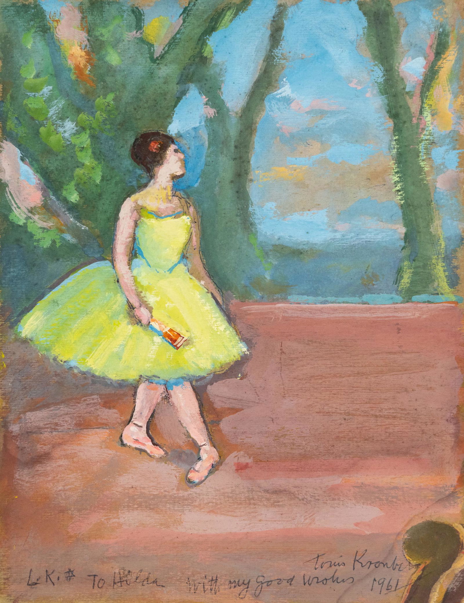 Louis Kronberg Ballerina Dancer Pastel on Board: A Louis Kronberg (American, 1872-1965) pastel and oil on paperboard depicting a female ballerina dancer. Signed in ink and personalized at bottom, dated 1961. Ink signed en verso "figure from degas' J