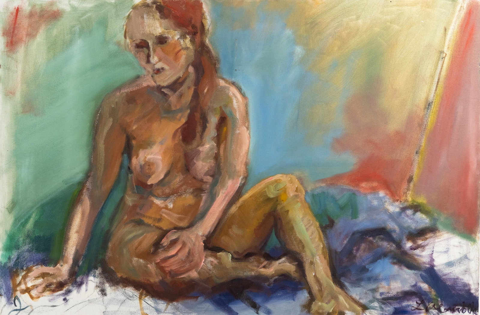 Sitting Female Nude O/C Signed: An original oil on canvas depicting a female nude with red hair sitting on a blanket. Signed illegibly at lower right.