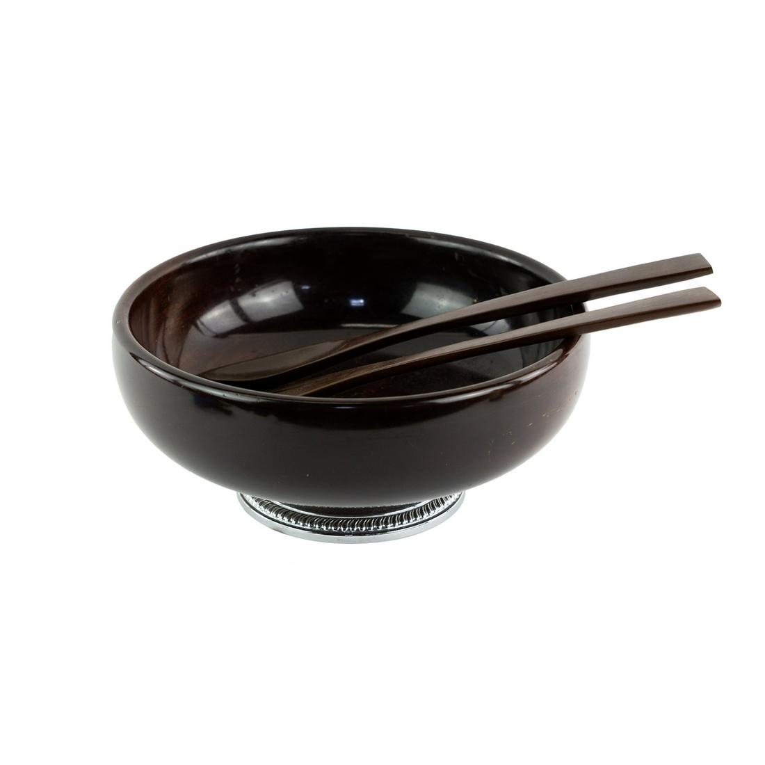 United Craftsmen Corp Mahogany and Sterling Salad Bowl: A United Craftsmen Corp, NY mahogany turned salad bowl with sterling silver embossed pedestal base and mahogany turned utensils. Marked on underside.