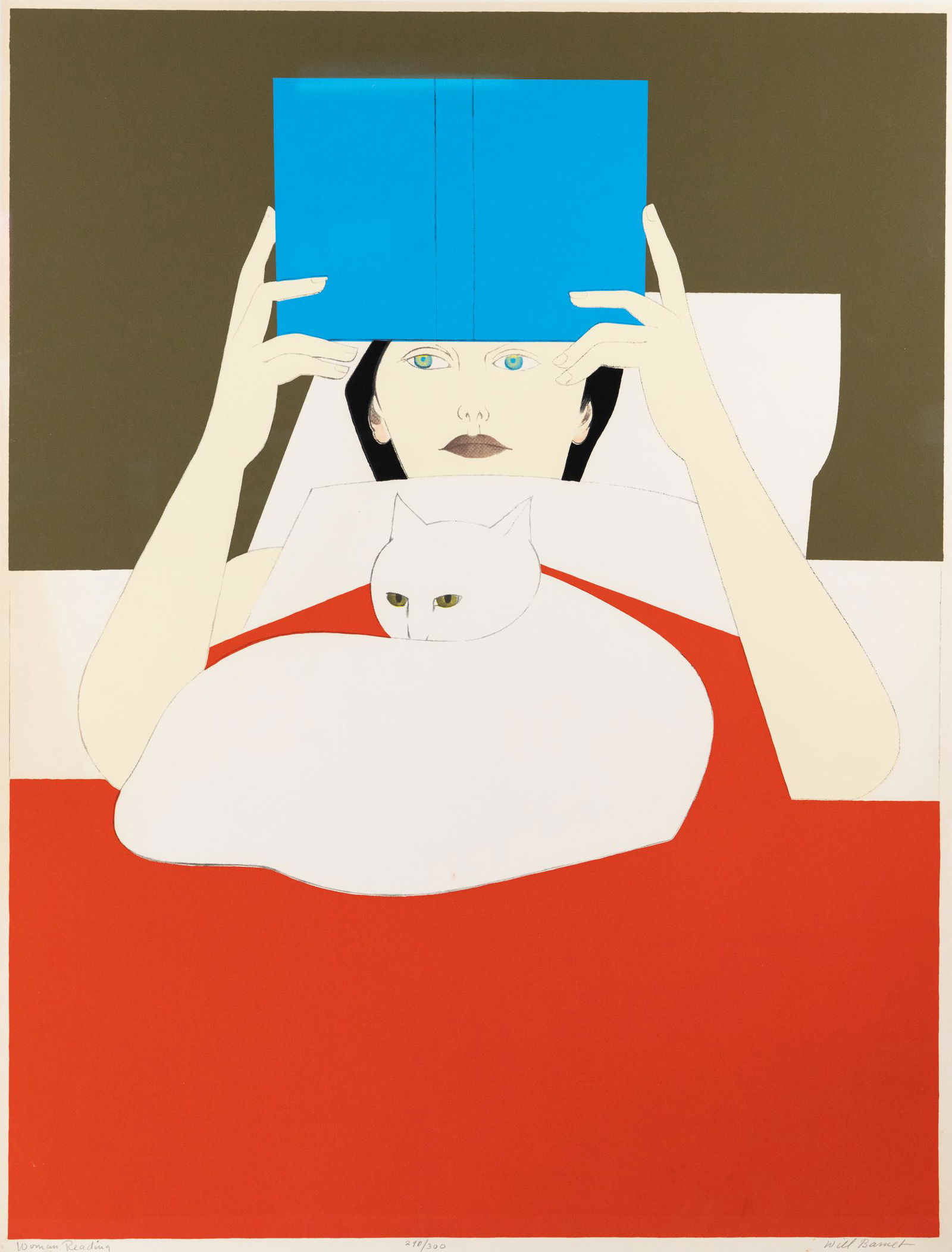 Will Barnet 'Woman Reading' Color Serigraph Signed: A Will Barnet (American, 1911-2012) limited edition color serigraph titled 'Woman Reading' depicting a woman reclining in bed with a book and her cat. Presented in a black wood frame with white mat. P