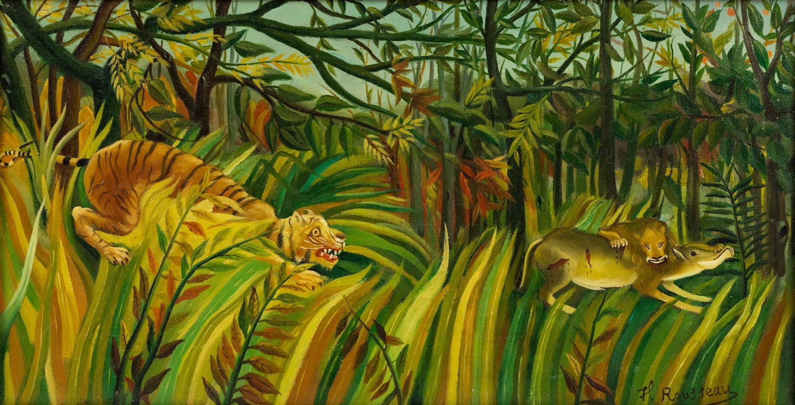 After Henri Rousseau Jungle Tiger and Lion O/C Painting: An oil on canvas painting depicting a tiger and a lion making a kill in the jungle after Henri Rousseau (French, 1844-1910). Presented in a wood frame. Sight: 9.5" x 18.5