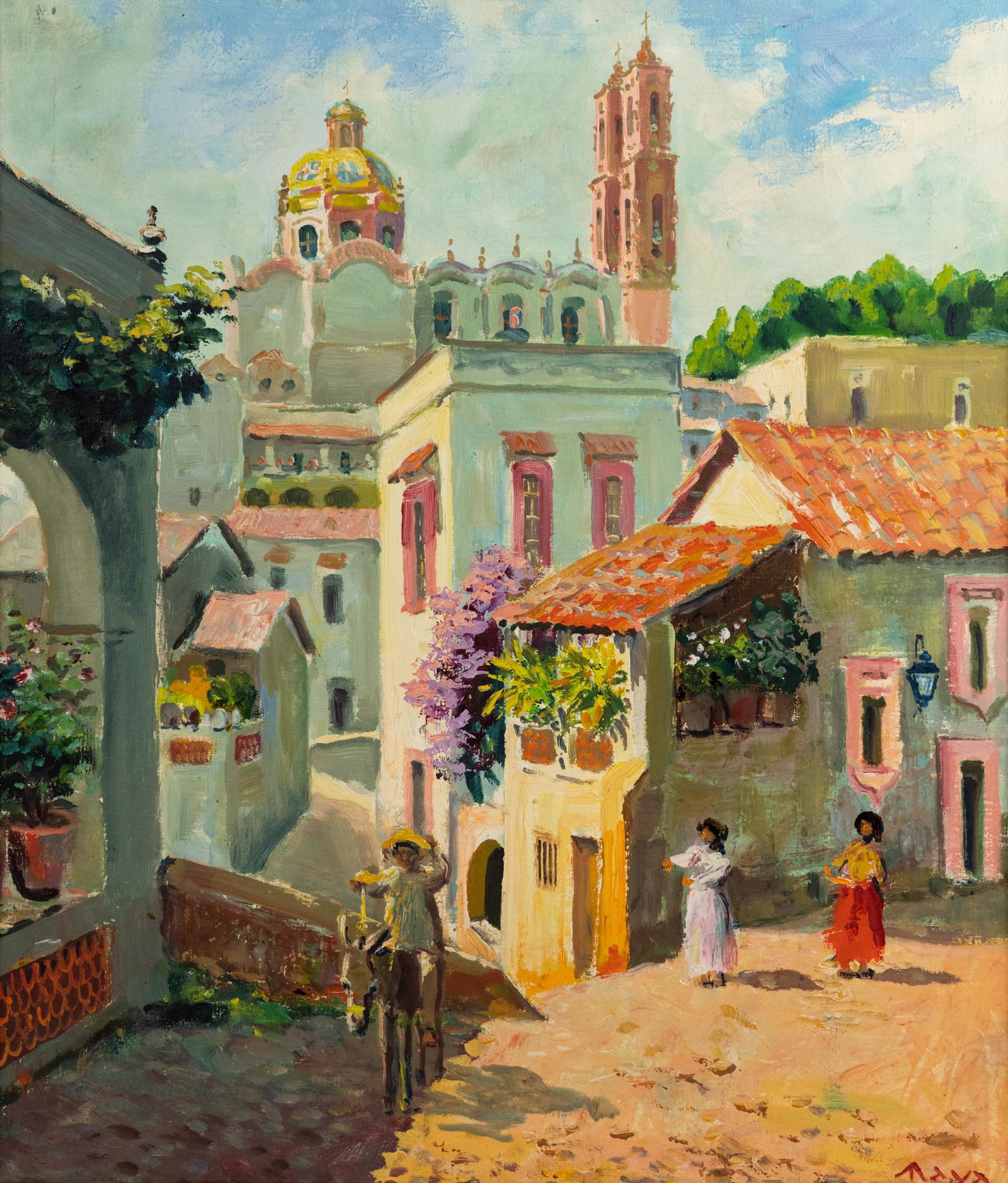 Reynaldo Maya Church Cityscape Oil on Canvas: A Reynaldo Maya (Mexican, b. 1911) oil on canvas depicting the Church of Santa Prisca y San Sebastian in Taxco, Mexico. Signed lower right and housed in wooden frame.
