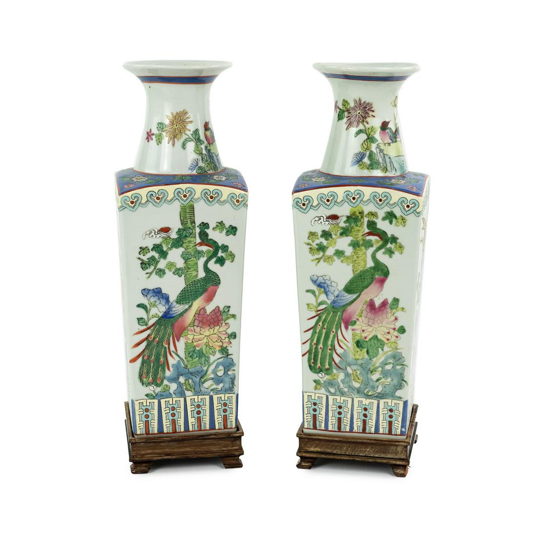 (2) Chinese Square Four Seasons Famille Verte Style Vases (1 of 17)