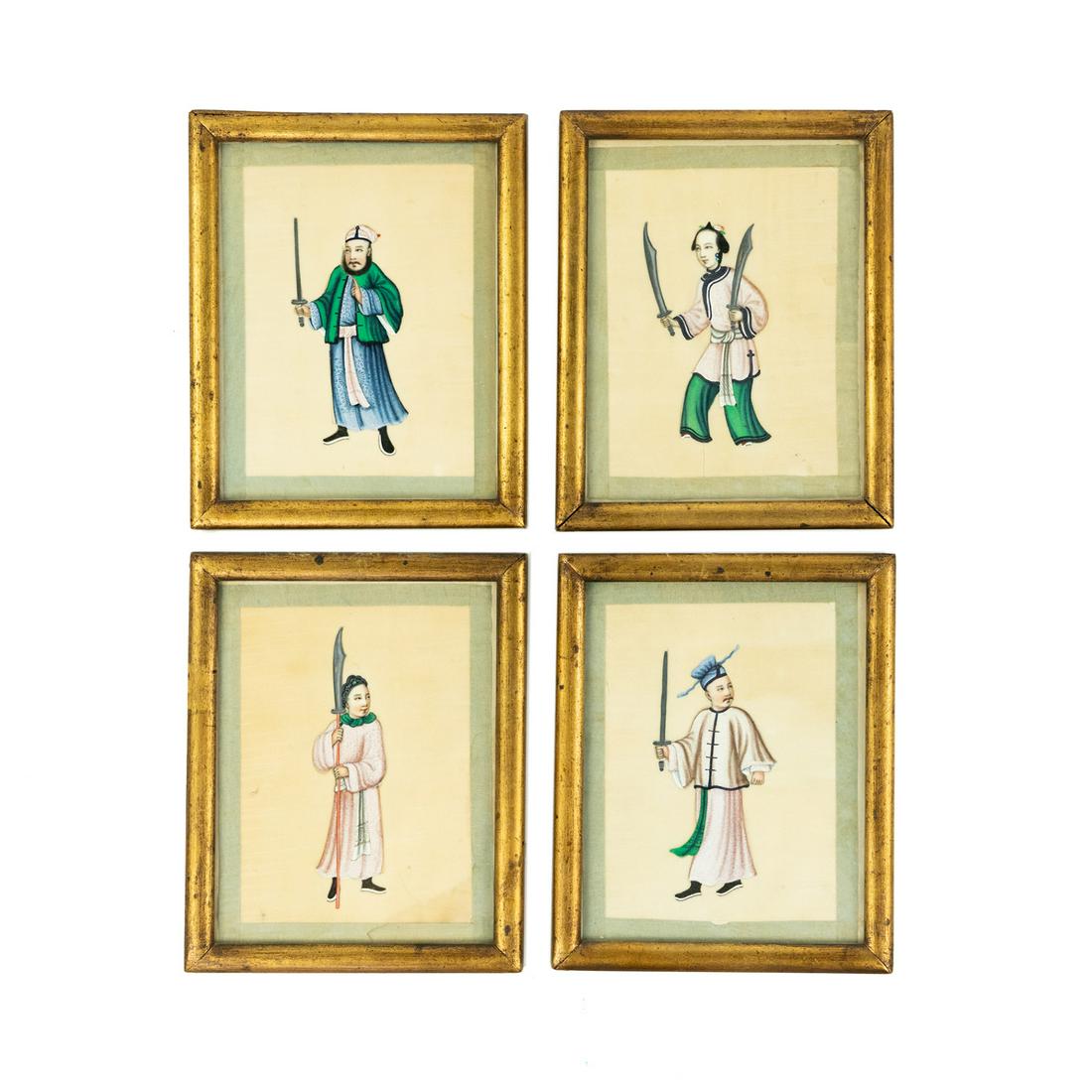 Set of 4 Chinese Peking Opera Figure Paintings on Silk: A group of four (4) Chinese Peking Opera figure paintings on silk each depicting a different character in traditional Chinese clothing with various weapons.