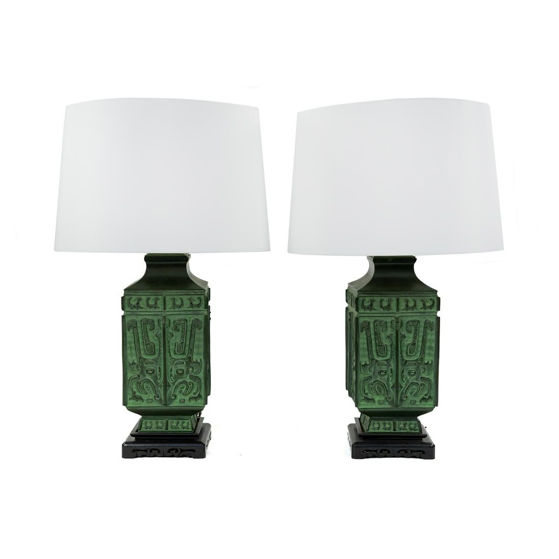 (2) James Mont 'Taotie' Hollywood Regency Bronze Lamps (1 of 9)