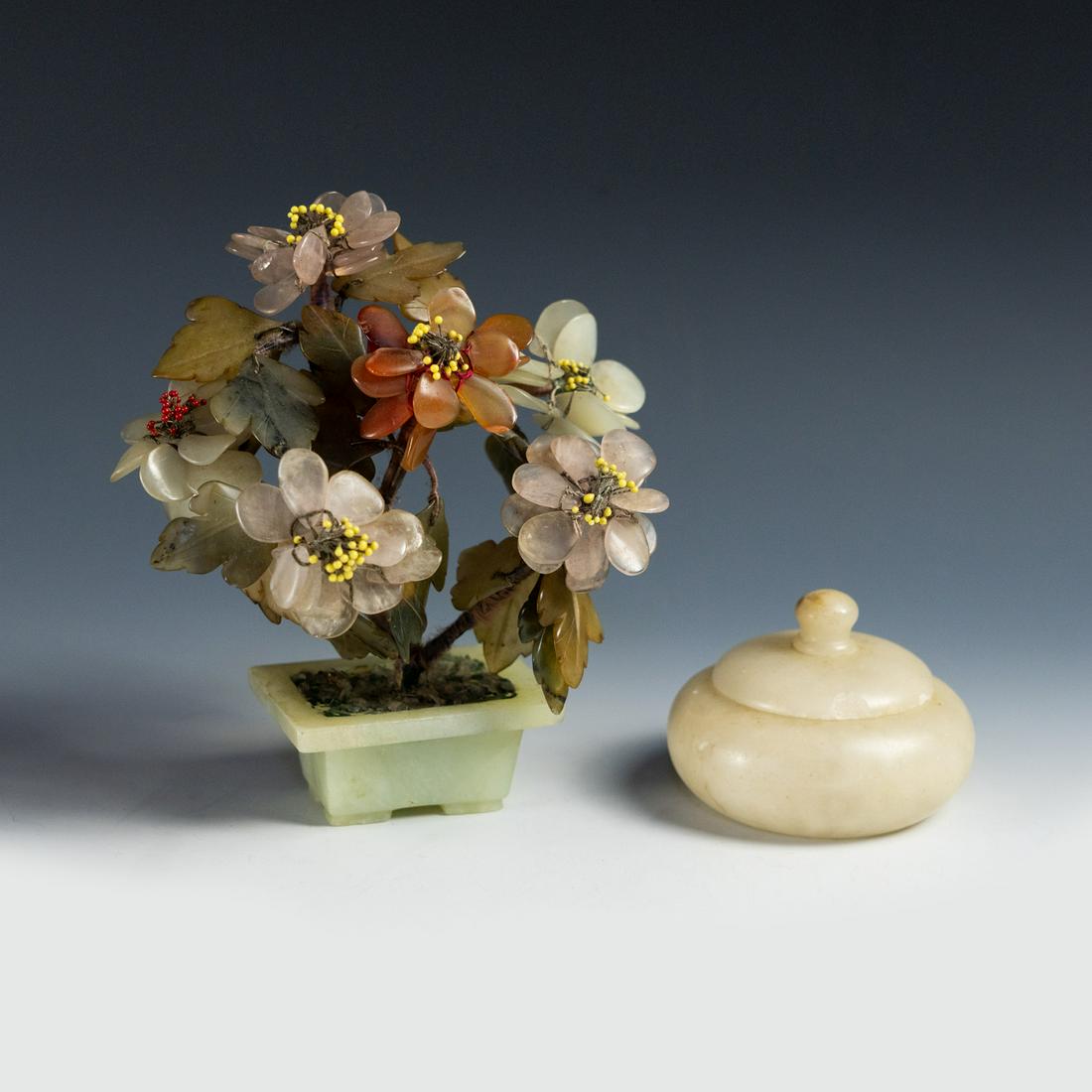 (2) Carved Jade Hardstone Tree and Alabaster Lidded Jar (1 of 10)