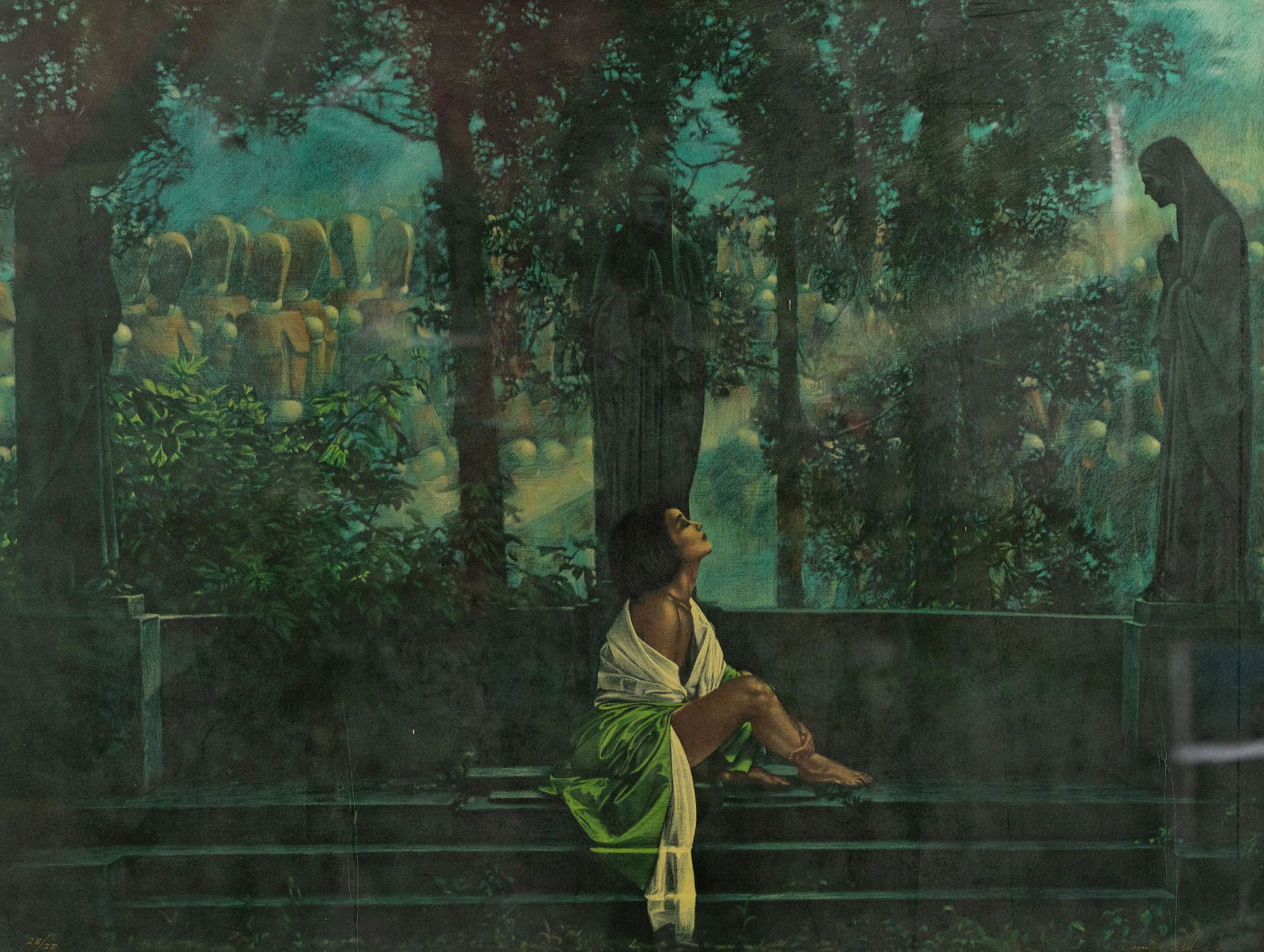 Walter Girotto 'Waiting for a Sunbeam' Serigraph: A Walter Girotto (Italian, b. 1953) serigraph print titled "Waiting for a Sunbeam" depicting a surreal erotic scene of a woman sitting in a park starting up at a statue with a group of articulating wo