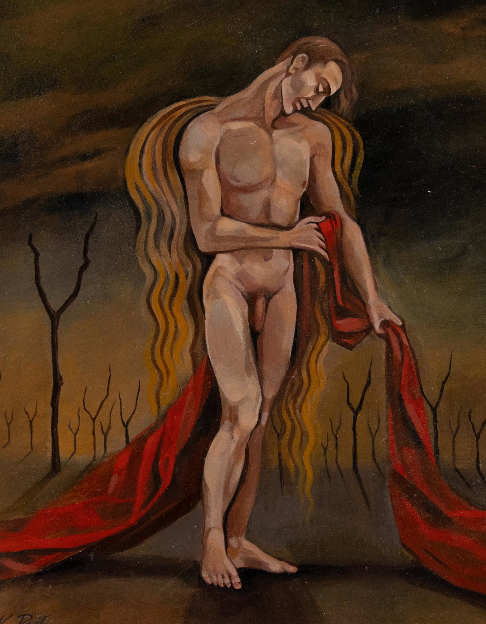 Archangel Michael Nude O/C signed K. Polk: An original oil on canvas depicting Archangel Michael signed K. Polk. Sight: 9.5" x 7.25"