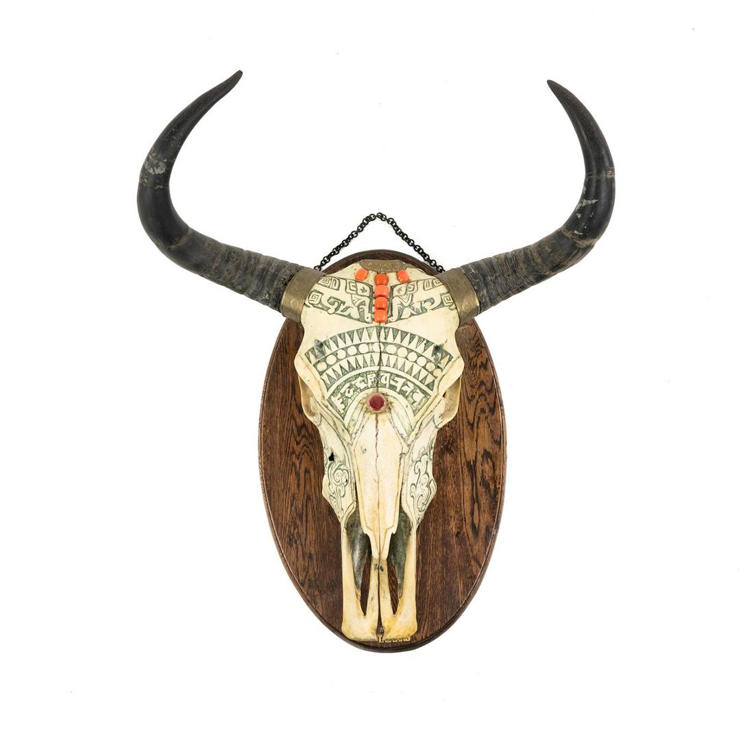 Carved Tibetan Taiyang Yak Skull With Brass Fittings (1 of 11)