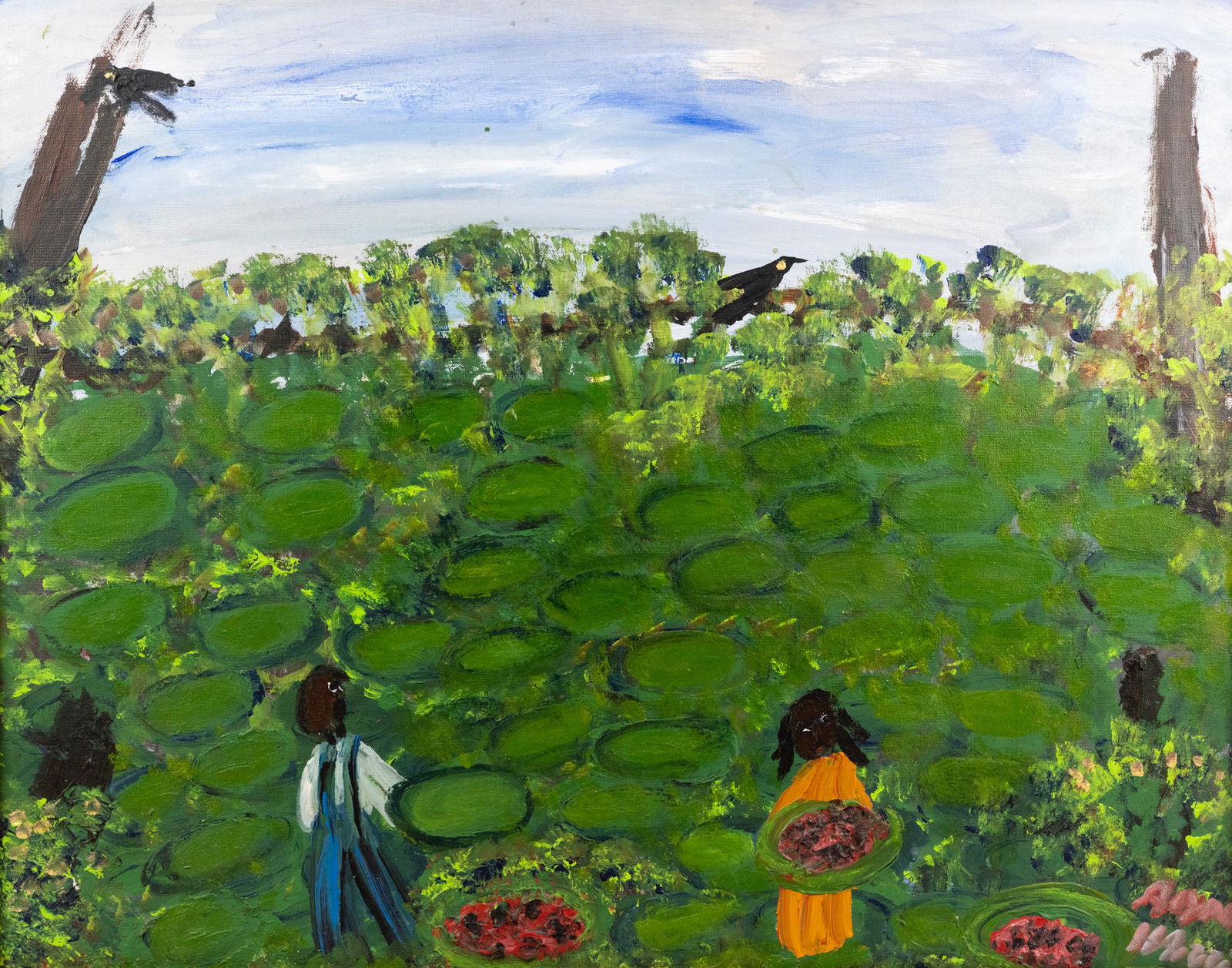 Alyne Harris Watermelon Patch Oil on Board Painting: An Alyne Harris (American, b. 1943) oil on canvas board? Black Americana folk art painting depicting a boy and a girl in a watermelon patch eating watermelon. Signed lower right. Housed in original wo