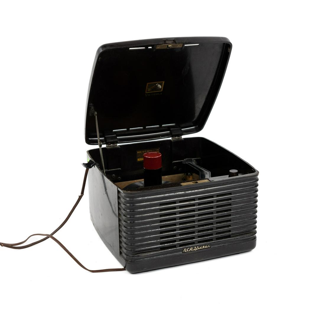 RCA Victor Model 45-EY-3 Bakelite Record Player: A 1950's RCA Victor record player having brown bakelite cabinet and plays 45-RPM records. Marked model no. 45-EY-3 with serial number L351377.