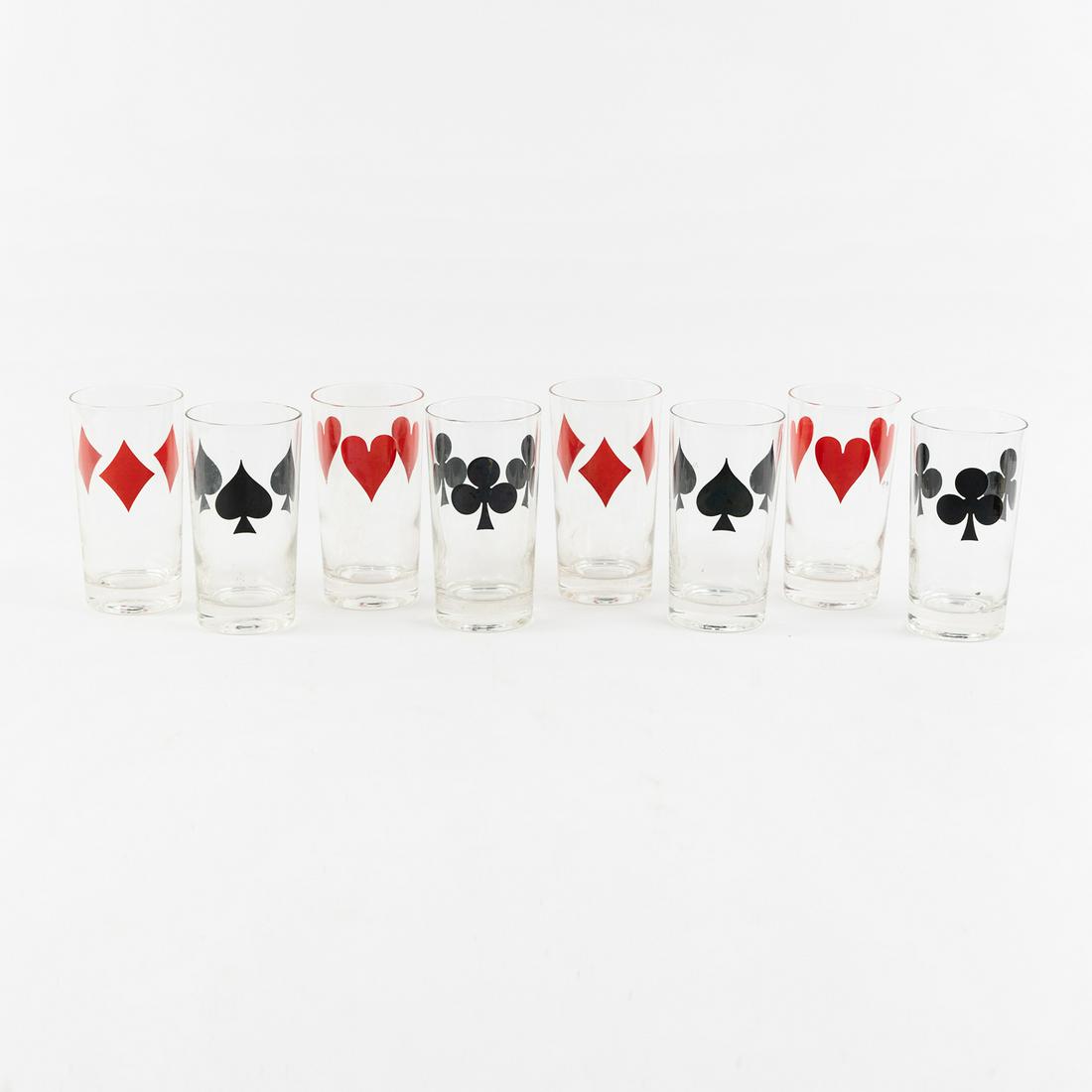 (8) Set of Hazel Ware Black and Red Suits Glasses: A set of eight (8) vintage Hazel Ware Gay Glasses having black club and spade and red heart and diamond suit design. Original boxes included.