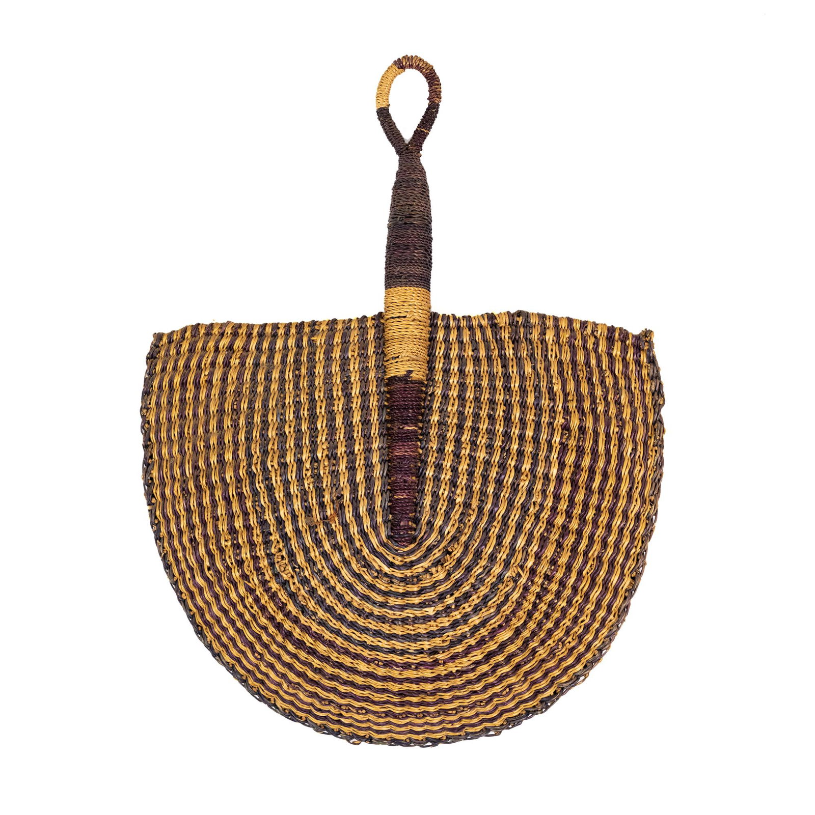 African Ghanaian 'Bolga' Elephant Grass Fan: An African Ghana Bolgatanga natural fiber hand fan woven from elephant grass with alternating brown and tan pattern.