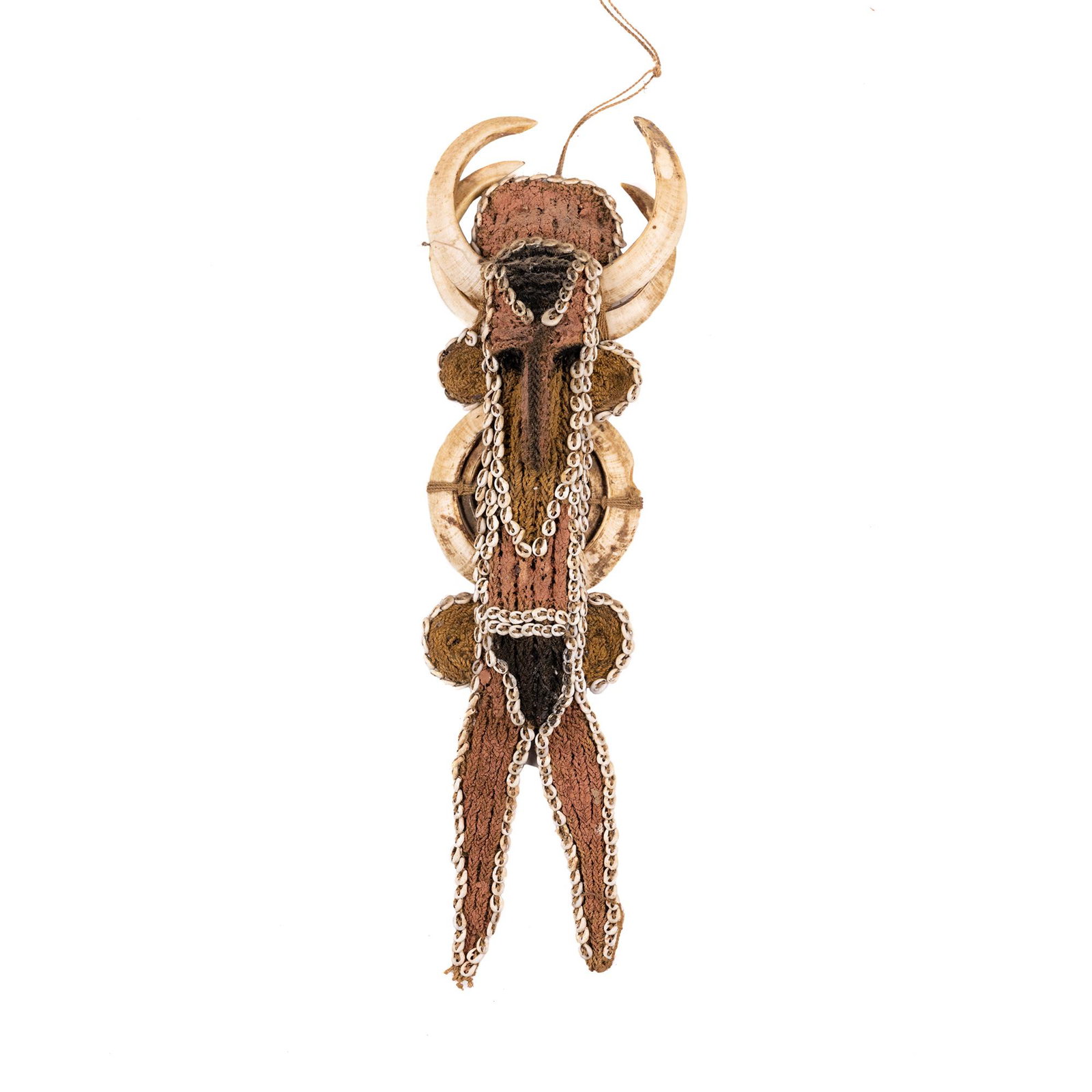 Papua New Guinea Abelam Karahut Tusk Mouth Mask: A Papua New Guinea, Sepik river, Abelam Karahut tusk mouth mask woven from hibiscus bark twine and sennit fibre, boar's tusks, nasa shells with applied ochre and charcoal paints. The masks are held in