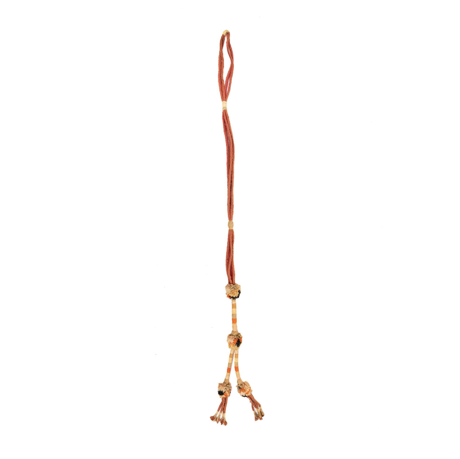 Inca Braided Sash Rope Belt: An Incan braided rope sash belt having intricate woven bindings and two ends with pom-pom ornaments at the end.