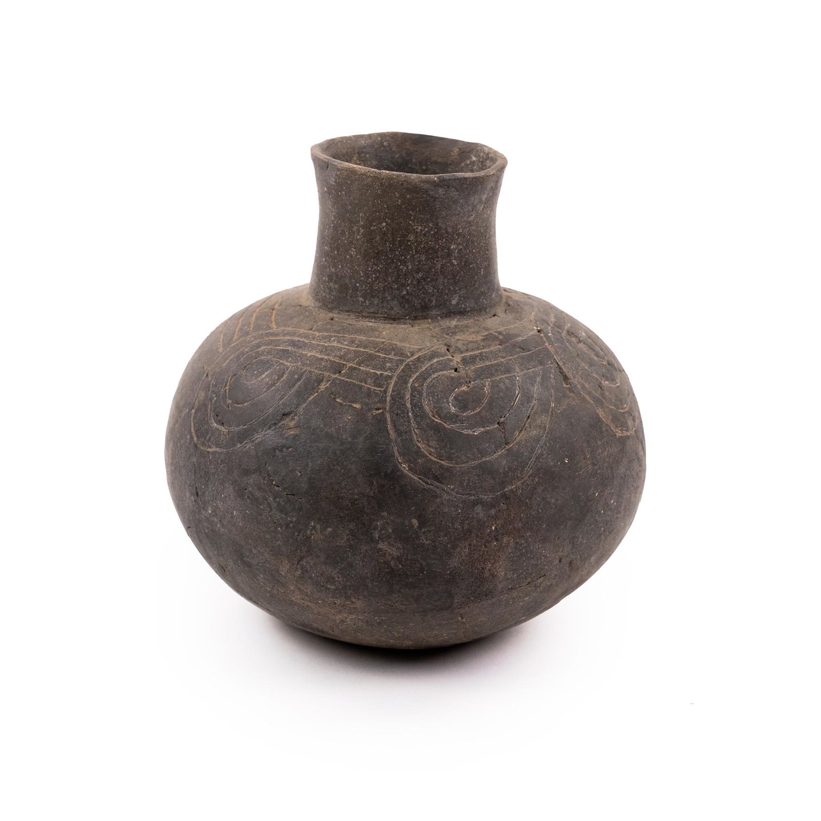 Mississippian Craighead Co. AR Engraved Water Vessel: A Mississippian Plain Craighead county, Arkansas engraved water vessel having curvilinear line design on globular body simple short neck and slight flared rim. Vessel has been reassembled.