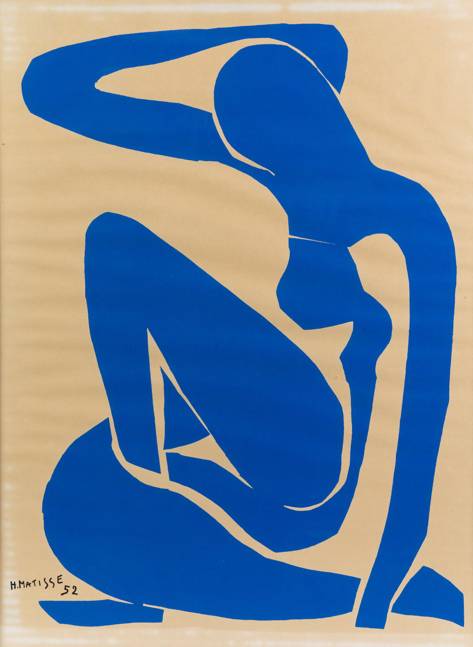 Henri Matisse 'Blue Nude I, 1952' Poster Print: A Henri Matisse (French, 1869-1954) poster print titled 'Blue Nude I, 1952' depicting an abstracted form nude figure. Presented in a silver frame.