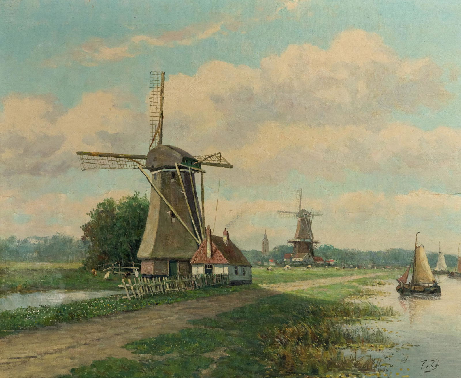 Dutch Windmill Landscape O/C Painting Signed (1 of 14)