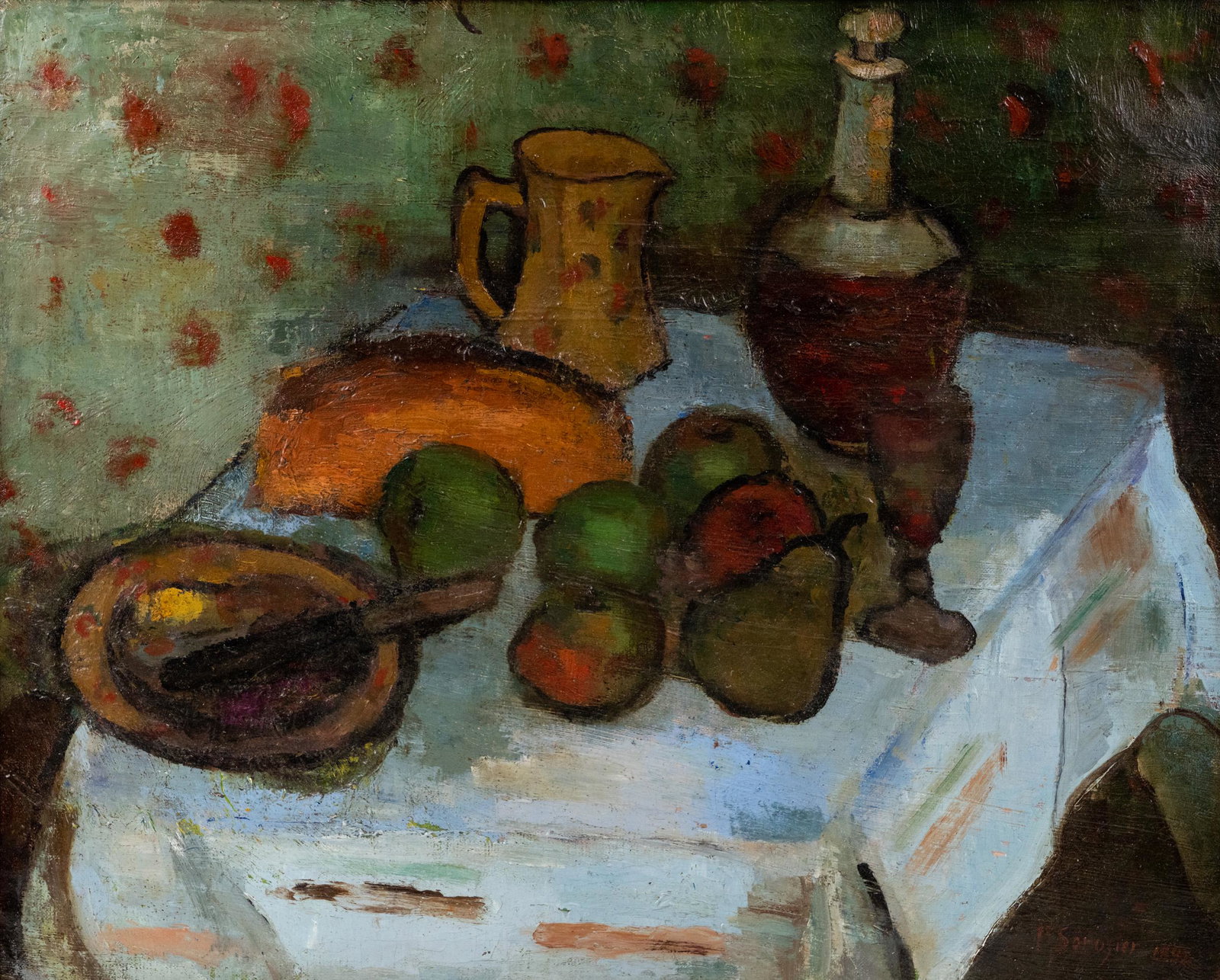 Paul Serusier Still Life Kitchen Table O/C Painting: An attributed Paul Serusier (French, 1864-1927) still life oil on canvas painting depicting a kitchen table set with fruit, bread, and wine in front of a polka dotted background. Signed and dated lowe