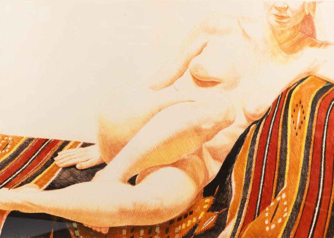Philip Pearlstein 'Girl on Mexican Rug' Lithograph: A Philip Pearlstein (American, b. 1924) colored lithograph titled 'Girl on Orange and Black Mexican Rug' depicting a reclining female nude on a traditional striped Mexican rug. Signed in pencil in low