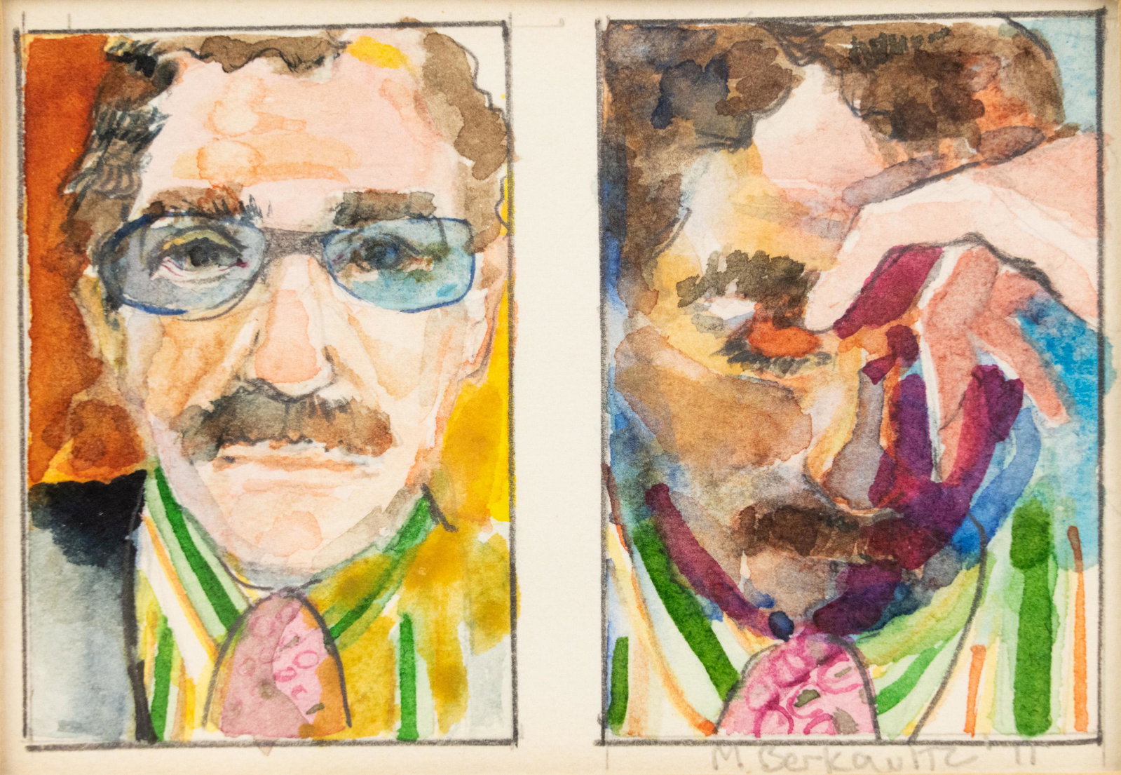 M Berkowitz Double Portrait WC Painting: An M Berkowitz watercolor on paper double portrait depicting a gentleman in two poses. Signed M. Berkowitz '71. Housed in a weathered silver leaf frame. Sight: 3.25" x 2.5"