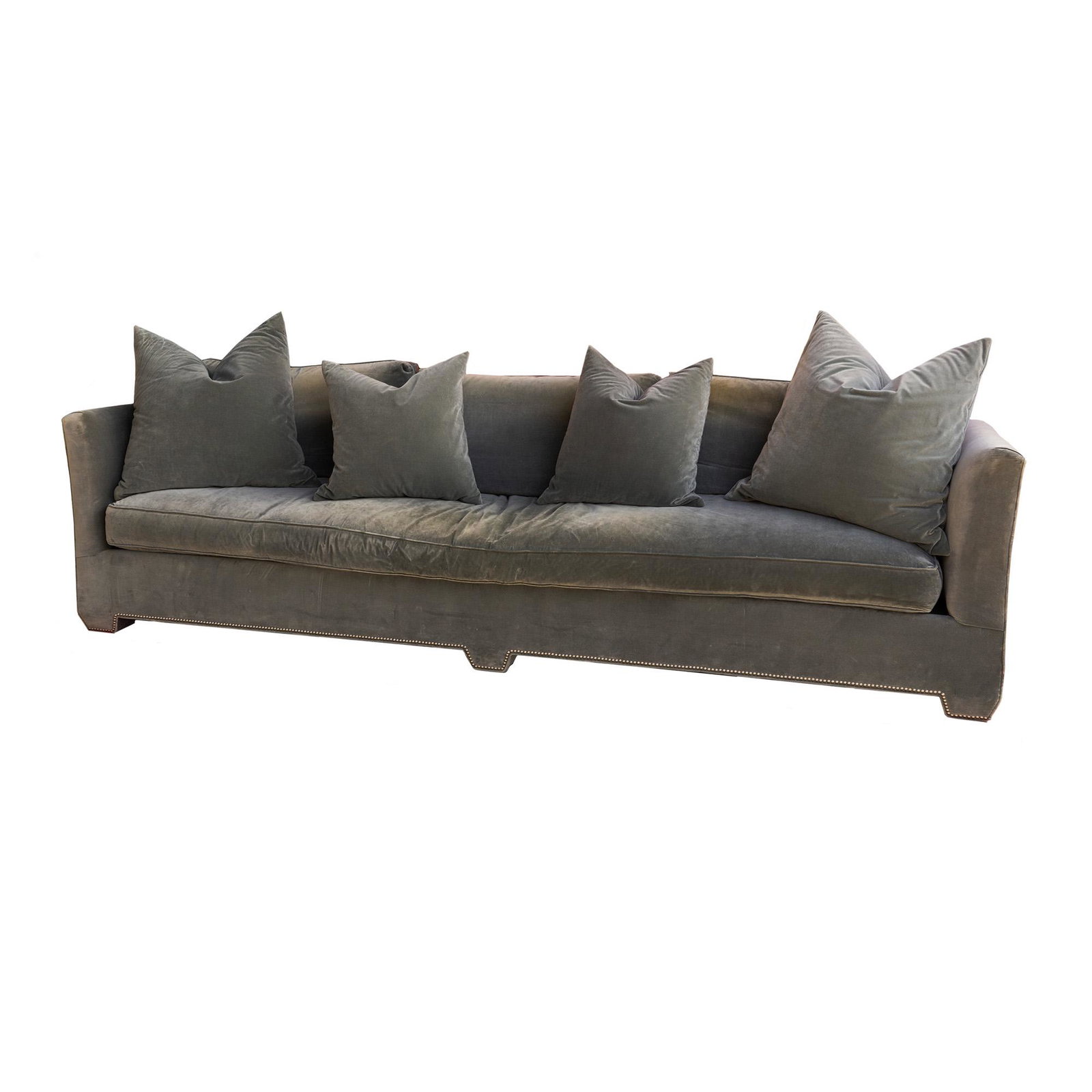 RJones Dallas Designer Velour Feather Down Sofa: An Rjones Dallas designer velour cloth and clad nail trim sofa having feather down stuffed cushions and four pillows. Seat height: 19" SHIPPING Atlanta Auction Gallery will not ship this lot in house.