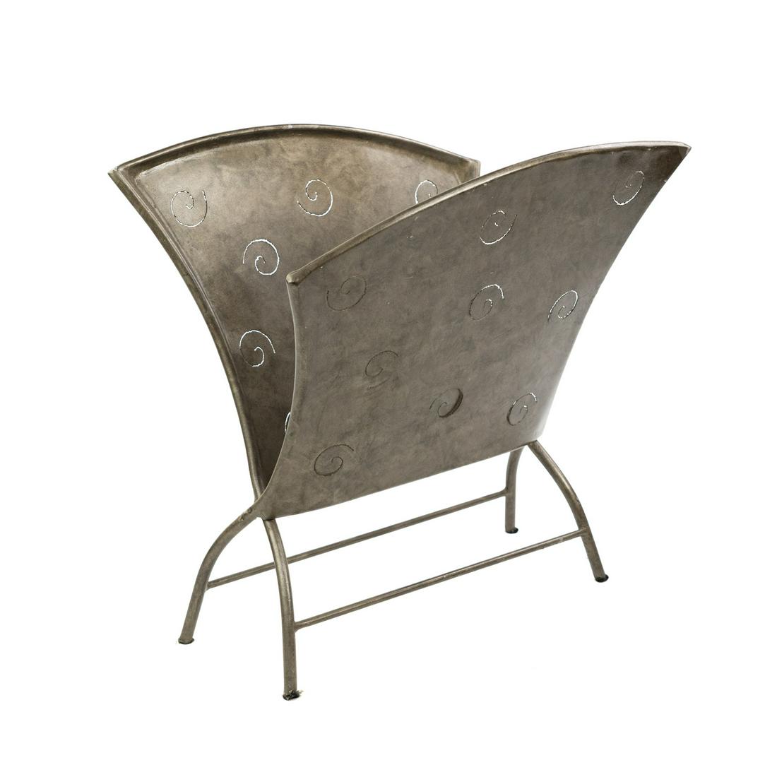 Attrib LeavittWeaver Brushed Steel 'Spiral' Magazine Stand: An attributed LeavittWeaver modern brushed steel 'spiral' design metal magazine holder having cutout swirl design on triangular sides with X form base. Unmarked.