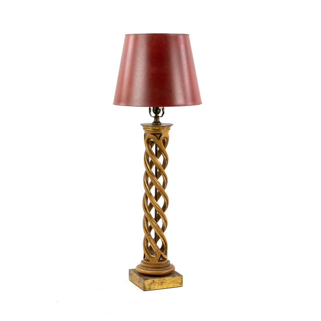 James Mont Helix Carved Wood Table Lamp: A James Mont (American, 1904-1978) for Frederick Cooper mid century Helix carved wood single light wooden lamp on a square wooden base having a dark red lamp shade and toggle on socket. Shade 14" dia