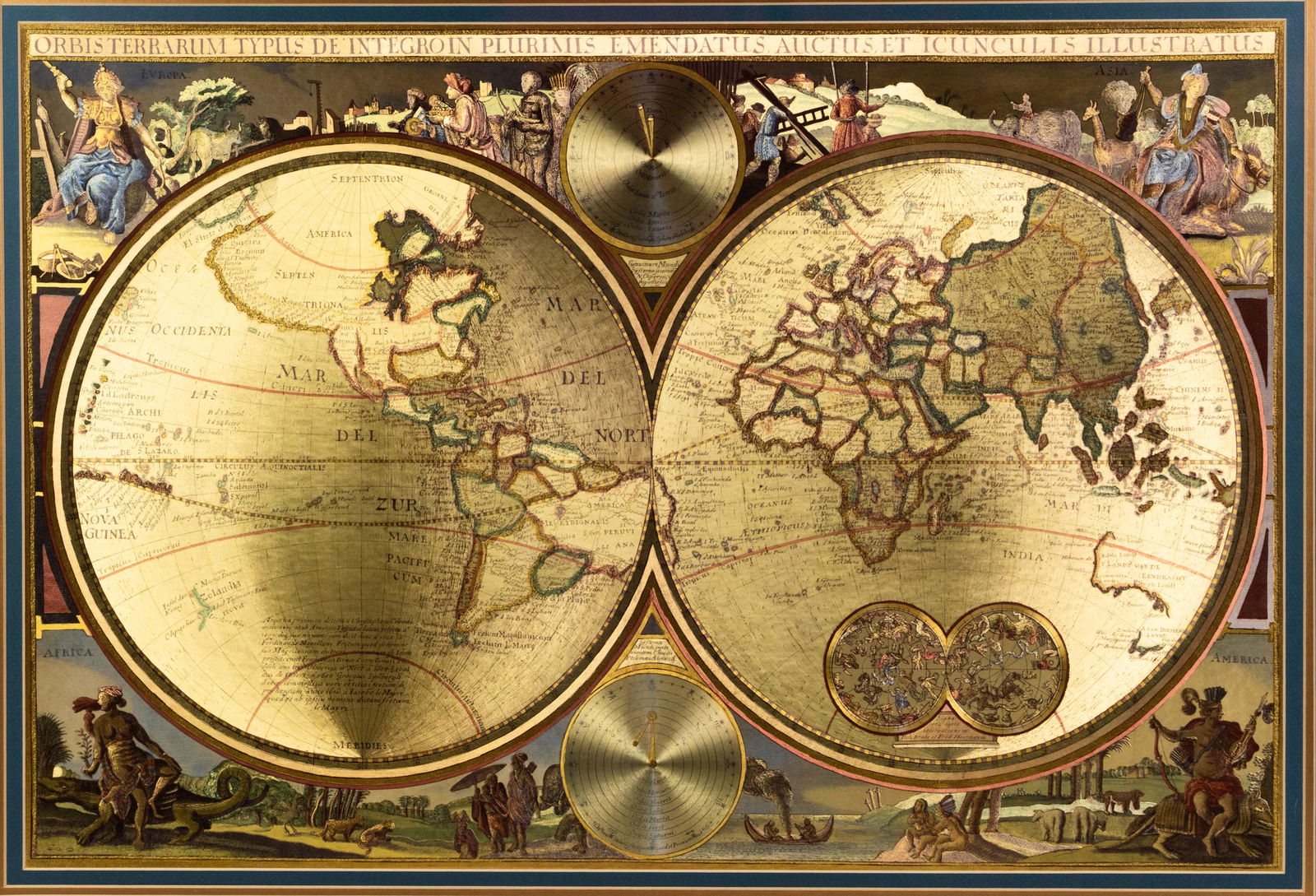 Bombay Co. Double Hemisphere Gold Foil Globe Map: A Bombay Company double hemisphere gold foil world globe map having latin inscription reading: ORBIS TERRARUM TYPUS DE INTEGROIN PLURIMIS EMENDATUS AUCTUS ET ICUNCULIS ILLUSTRATUS. Made in USA. Housed