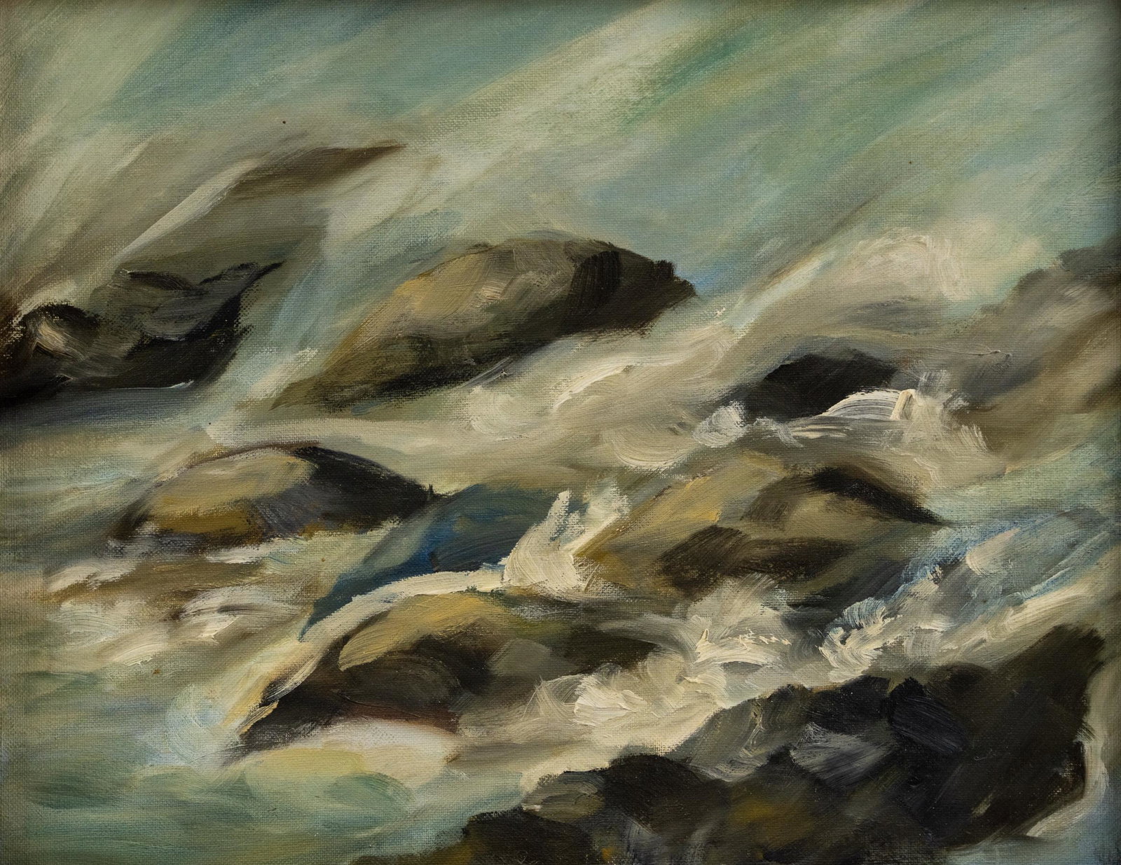 Sargent Marjorie 'The Sea' O/B Painting: A Sargent Marjorie framed oil painting depicting a roiling ocean in blues, greys, greens, and browns. Signed lower right. Presented in wood frame with double matting. Artist name and title marked on v