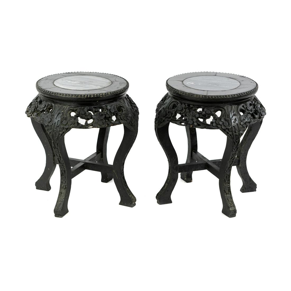(2) Pair of Chinese Ebonized Wood and Marble Plant Stands (1 of 11)