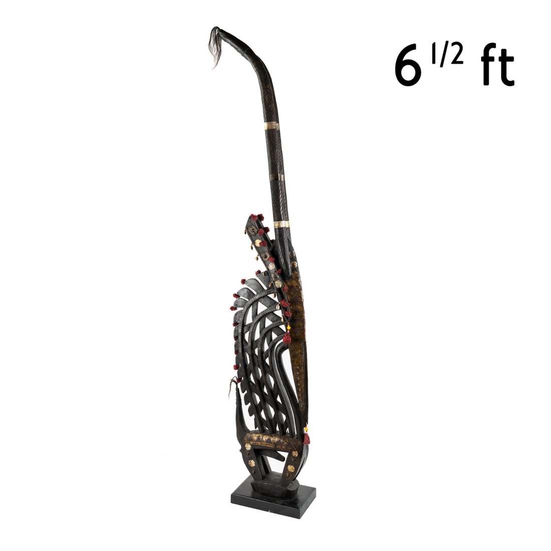 Large African Bamana Tribe Antelope Male Fertility Sculpture: A large Bamana tribe West African carved wood male fertility sculpture rom Mali with pressed leather adornment having a frilled neck and penis on wood block stand. SHIPPING Atlanta Auction Gallery wil