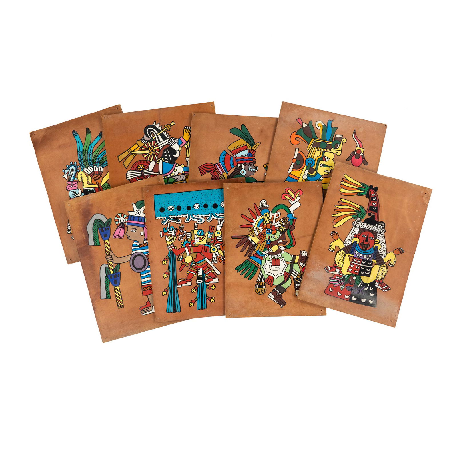 (8) Traditional Mexican Aztec Paintings on Leather (1 of 8)