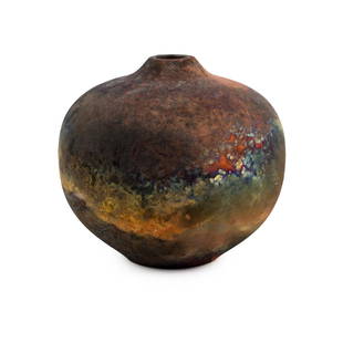 Bob Green Raku Ceramic Vessel: A Bob Green southern Folk Art burnished raku round ceramic vessel having a tapered spout. Raku is a process of pottery firing where a still hot piece is taken from the kiln and submerged in a