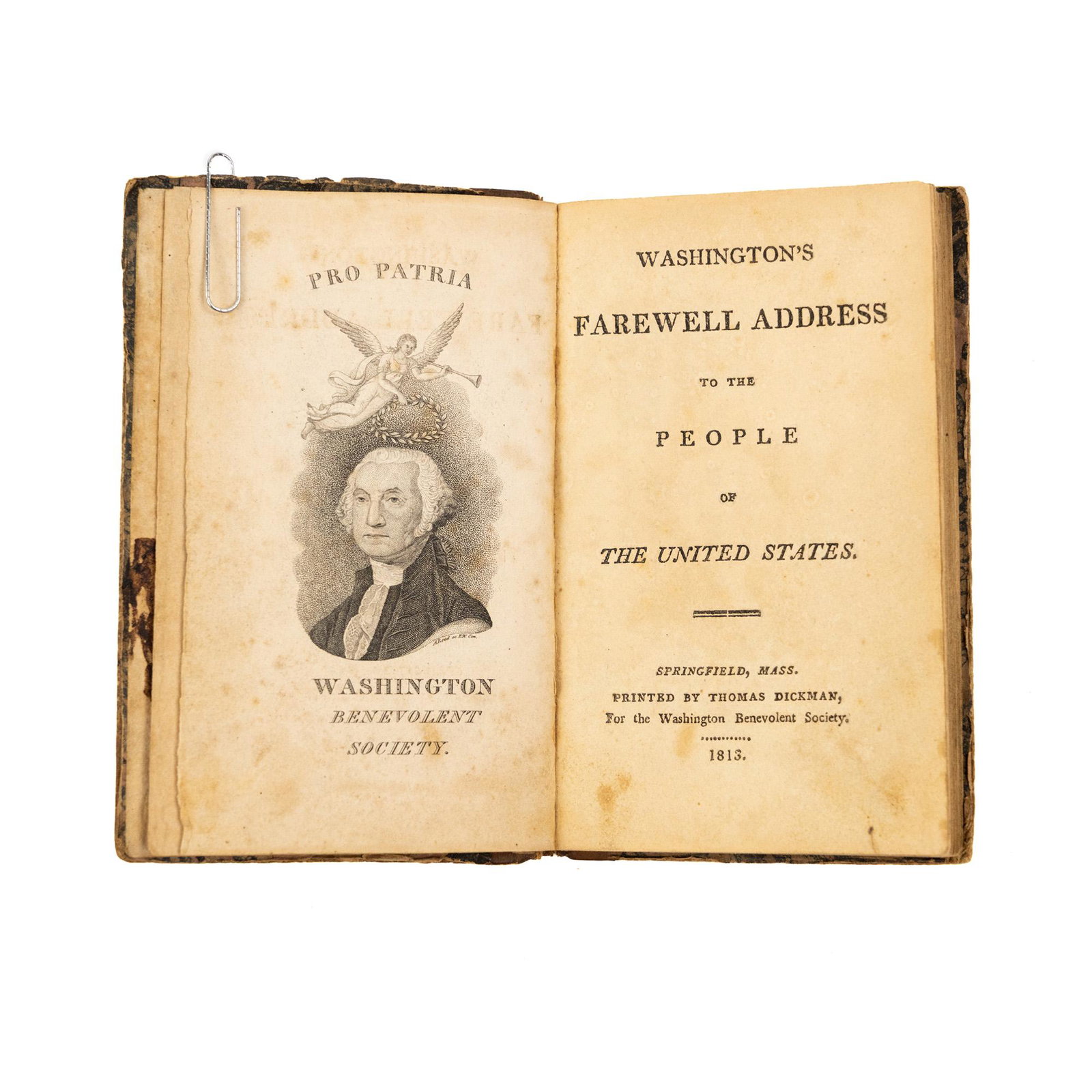 1813 Personalized 'Washington's Farewell Address': An antique 1813 edition of 'Washington's Farewell Address' printed by Thomas Dickman, Secretary of the Washington Benevolent Society and personalized to 'Mr. Nathaniel Chaffer' on inside.