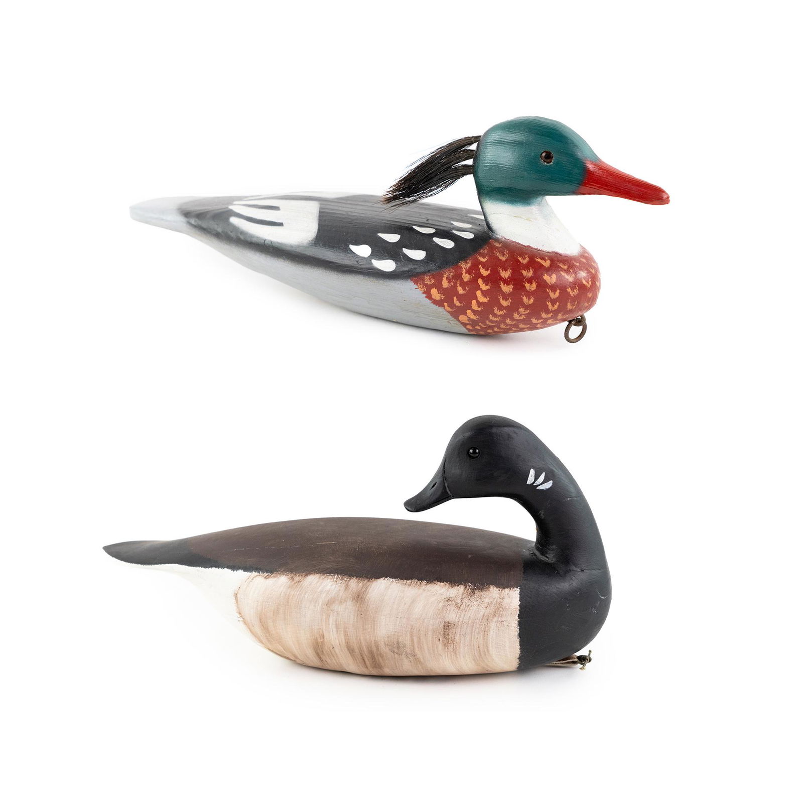 (2) Carl Nemen & R. Dunn Carved Duck Decoys: A pair of carved wood duck decoys, one incise signed 'R. Dunn' on bottom hand painted in black and gray with head facing backwards having glass eyes, and the other ink signed 'Carl Nemen' on bottom ha