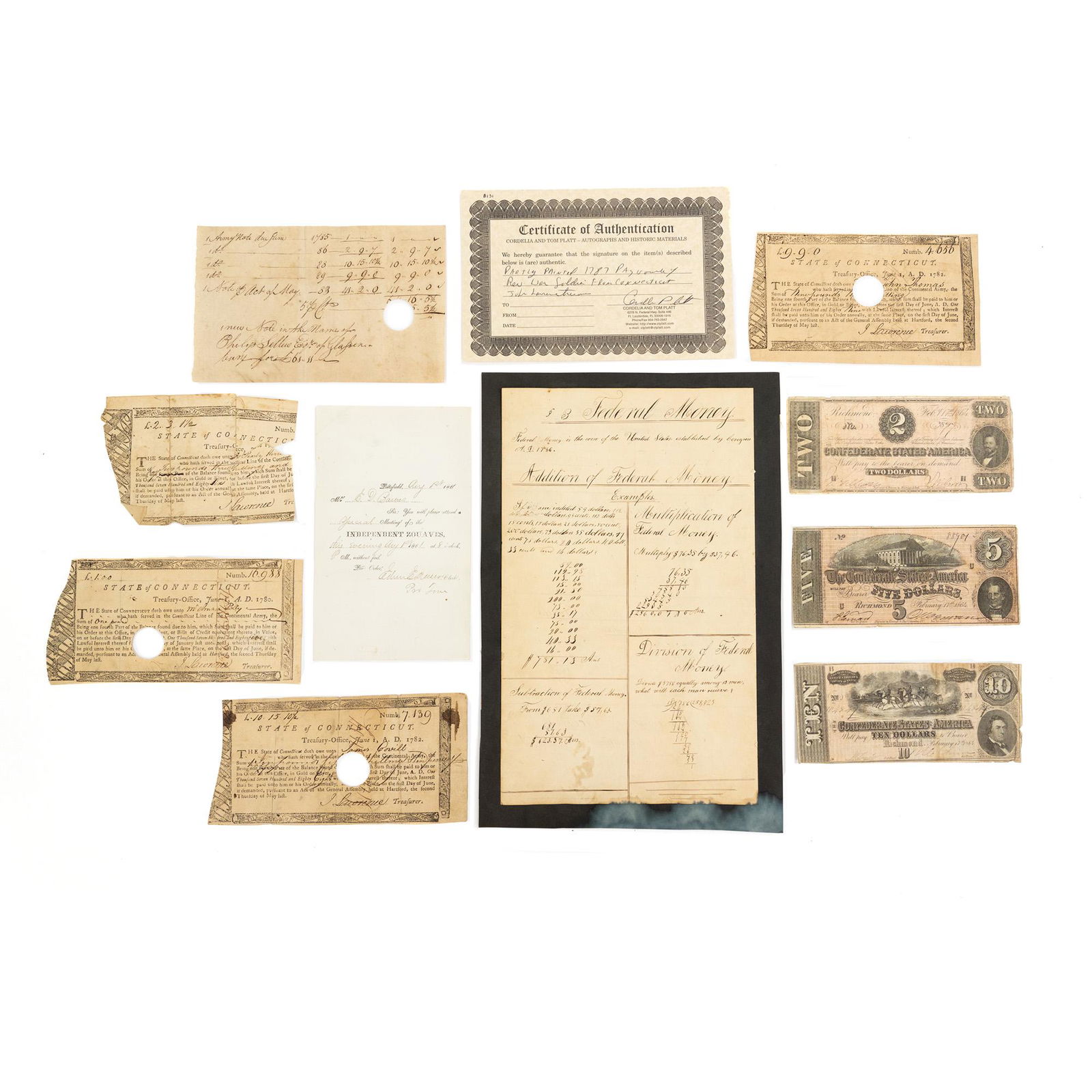 (10) Assorted Antique Currency Bills & Forms: A group of ten (10) assorted antique currency bills and forms including four Connecticut state treasury slips signed by John Lawrence, three Confederate States of America paper bills (a two dollar, a