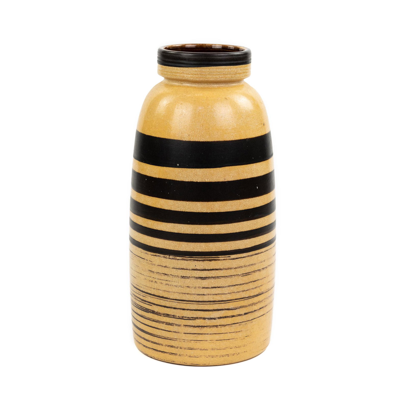 West Germany Scheurich Keramik Table Vase: A West Germany Scheurich Keramik black and yellow striped ceramic art pottery table vase having black stripes with wide mouth. Stamped 'W. Germany' and '553-38' on bottom.