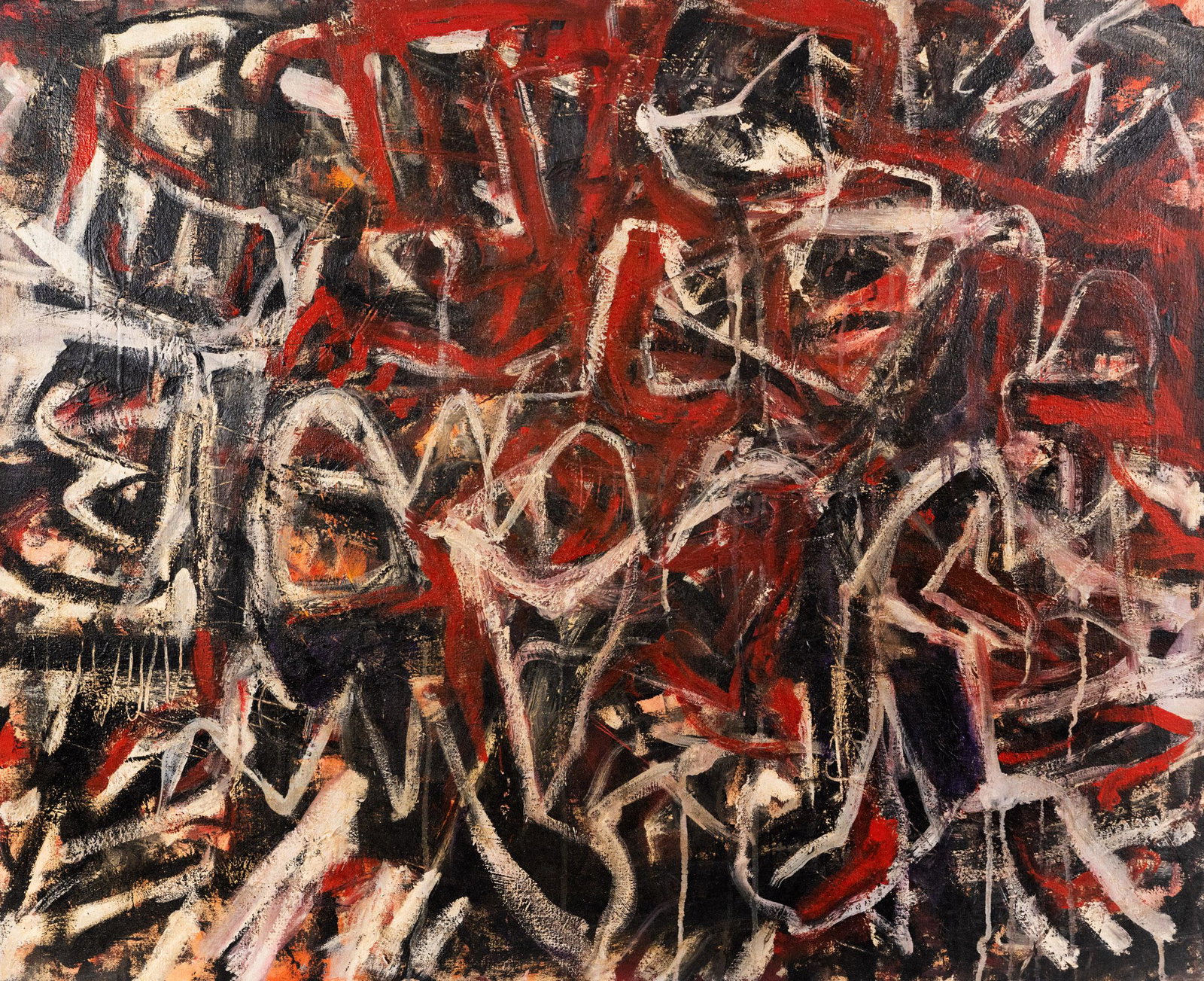 Michael Goldberg Tri-Color Abstract O/C Painting: An attributed Michael Goldberg (American, 1924-2007) oil on canvas red, white, and black abstract expressionist painting depicting swirling, aggressive lines. Signed on verso.