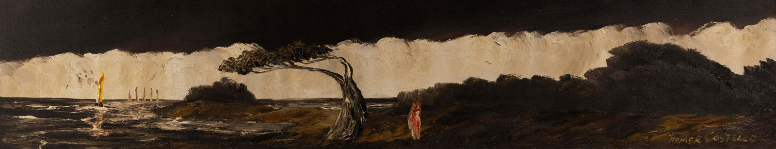 Homer Costello Mid-Century Modern O/C Painting: A Homer Costello (American, 1899-1977) oil on canvas Mid-Century Modern painting depicting a panoramic view of a small red figure in the center of a dark, seaside landscape. Signed lower right. Presen