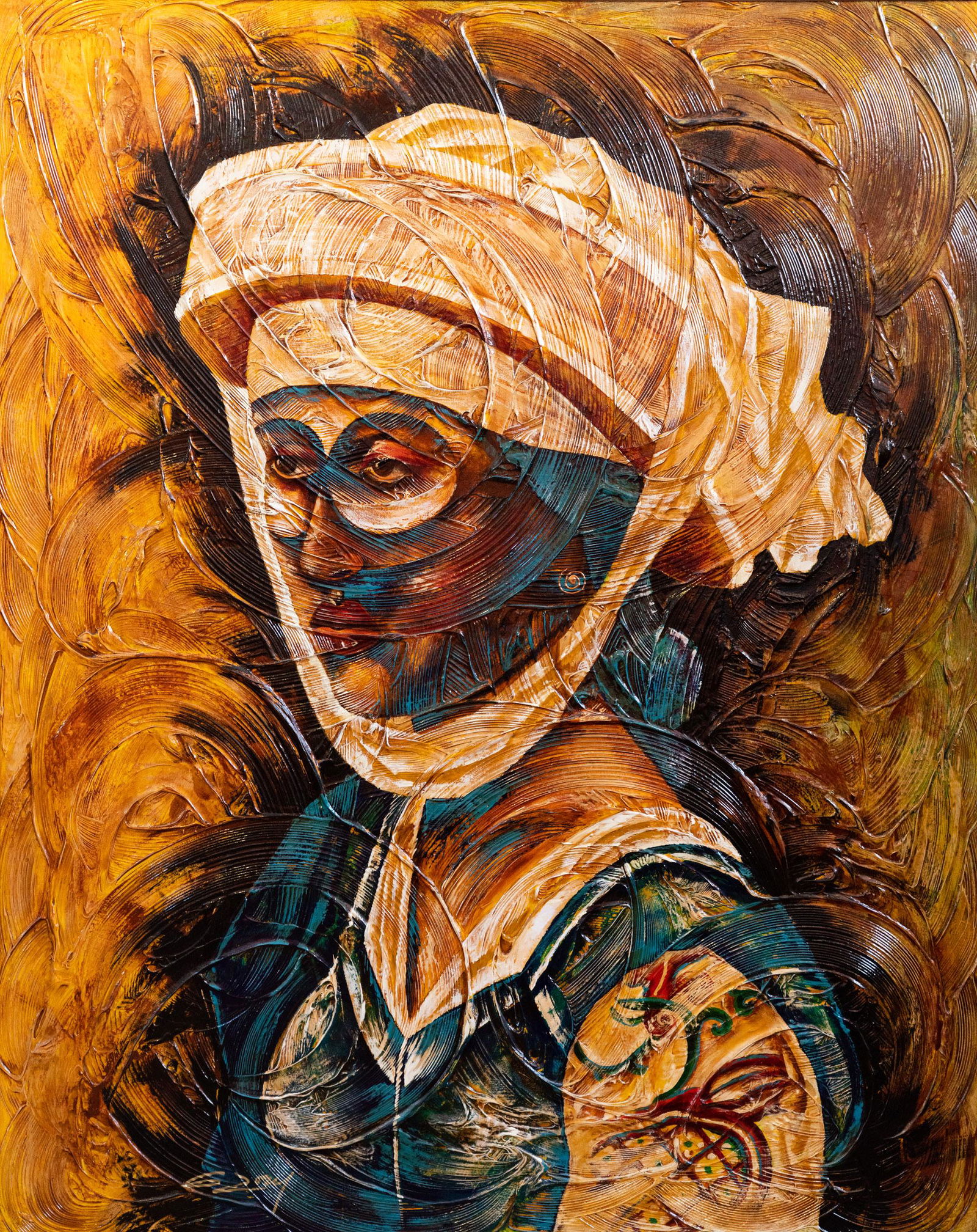 Large Impasto Woman in Headdress O/C Portrait Painting (1 of 11)