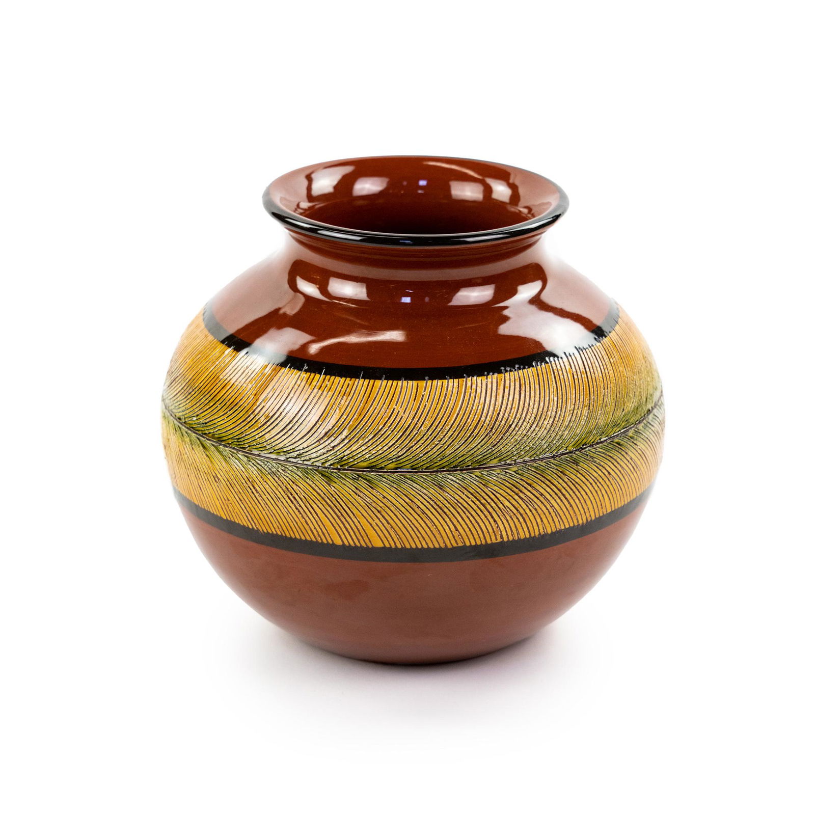 Raymor Burnt Orange and Yellow Pottery Vase: A Raymor Pottery Mid-Century Modern style burnt orange vase having a bright yellow stripe around the center with black accents throughout - possibly Alvino Bagni. Applied label on the underside.