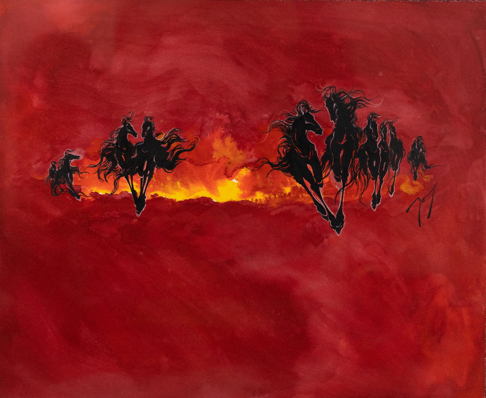 Herd of Black Horses Watercolor Painting signed Ray (1 of 10)